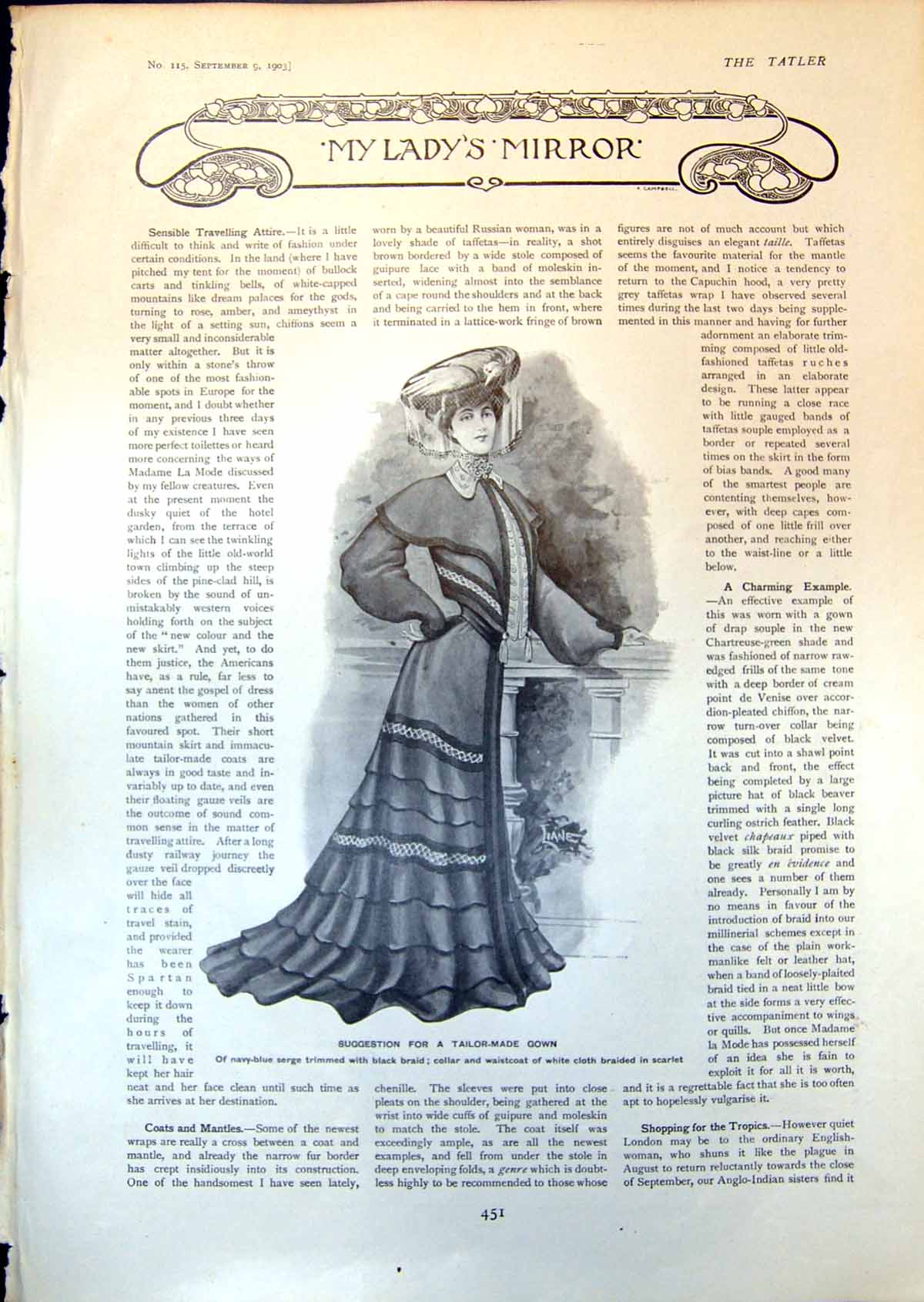 Original Old Antique Print Ladys Mirror Tailor Made Gown Evening Toilette 1903