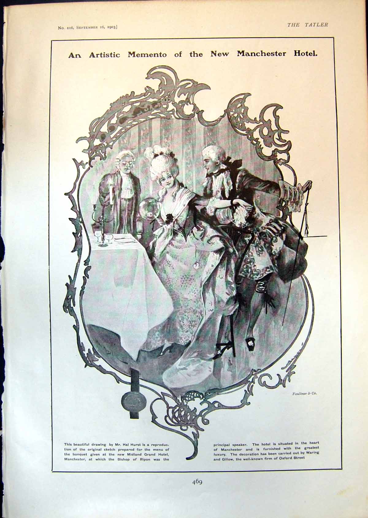 Old Print Menu Banquet New Midland Grand Hotel Manchester Hal Hurst 1903 20th