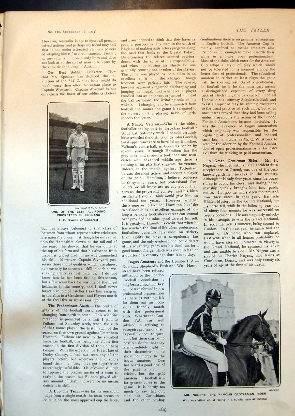 Old Print L Braund Cricketer Mr Nugent Rider Disappearing Tuck Shop 1903 20th