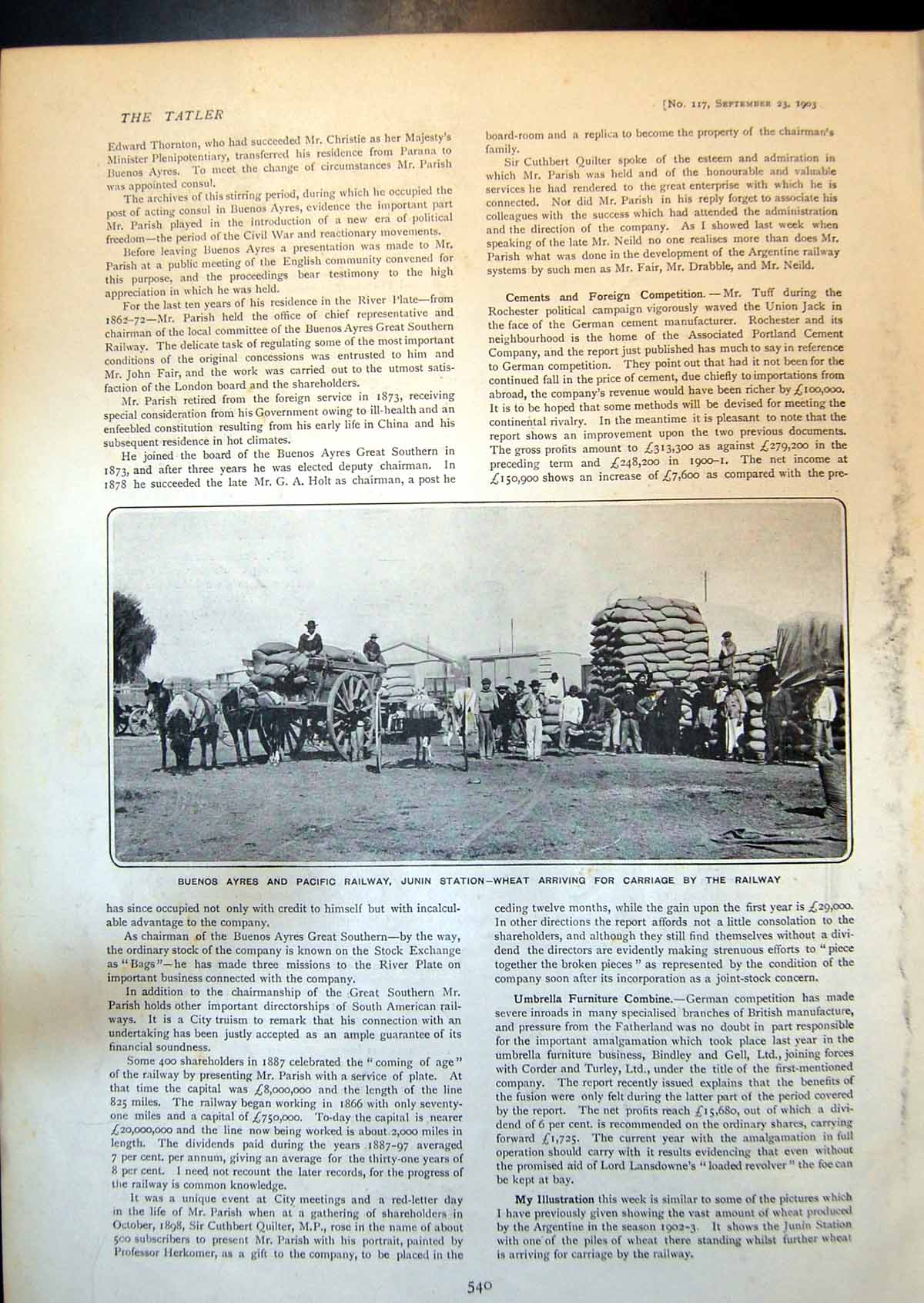 Old Buenos Ayres Pacific Railway Junin Wheat Doyen Mr Frank Parish 19 20th