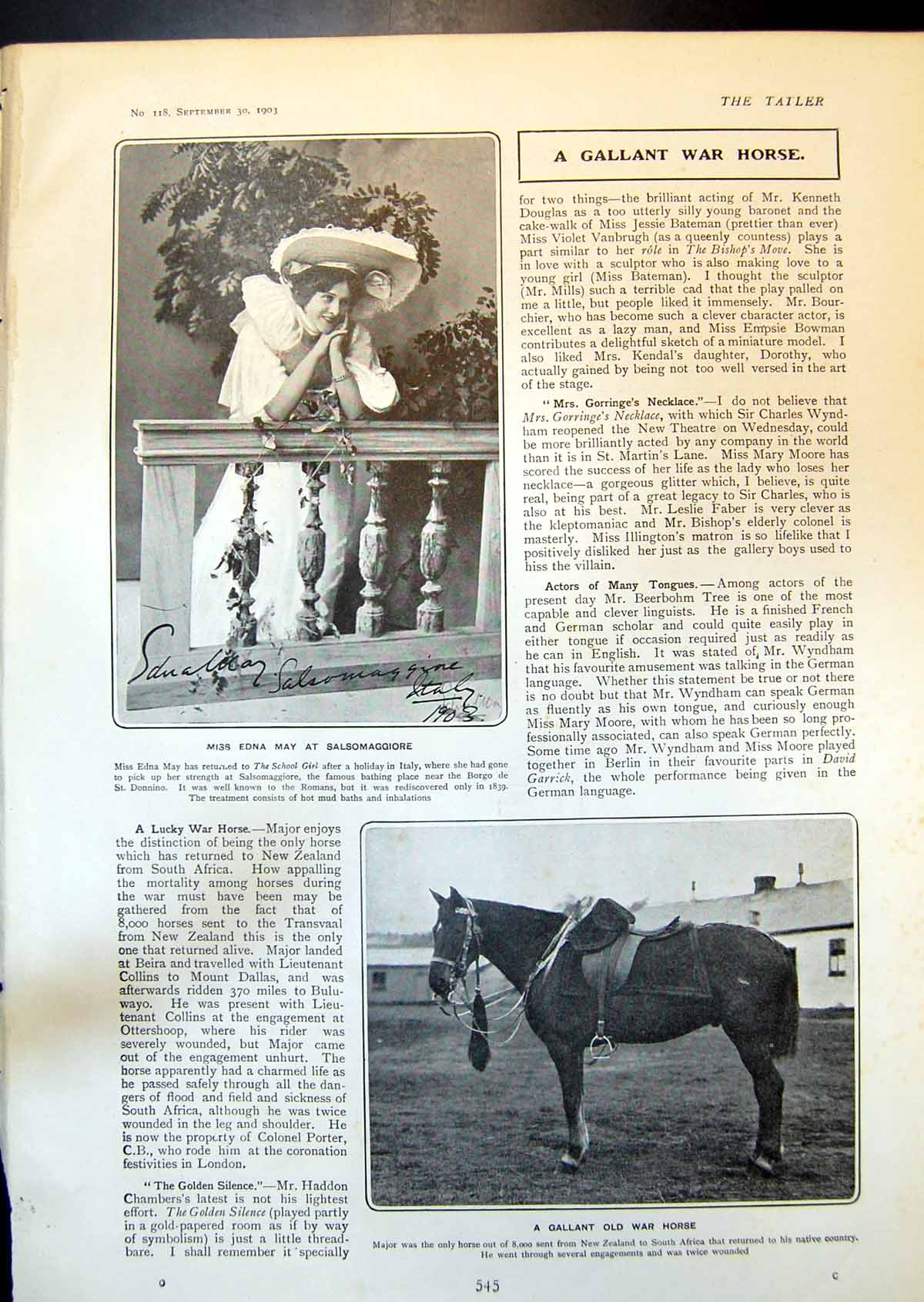Antique Print Edna May Salsomaggiore Major War Horse Pons Asinorum Logic190