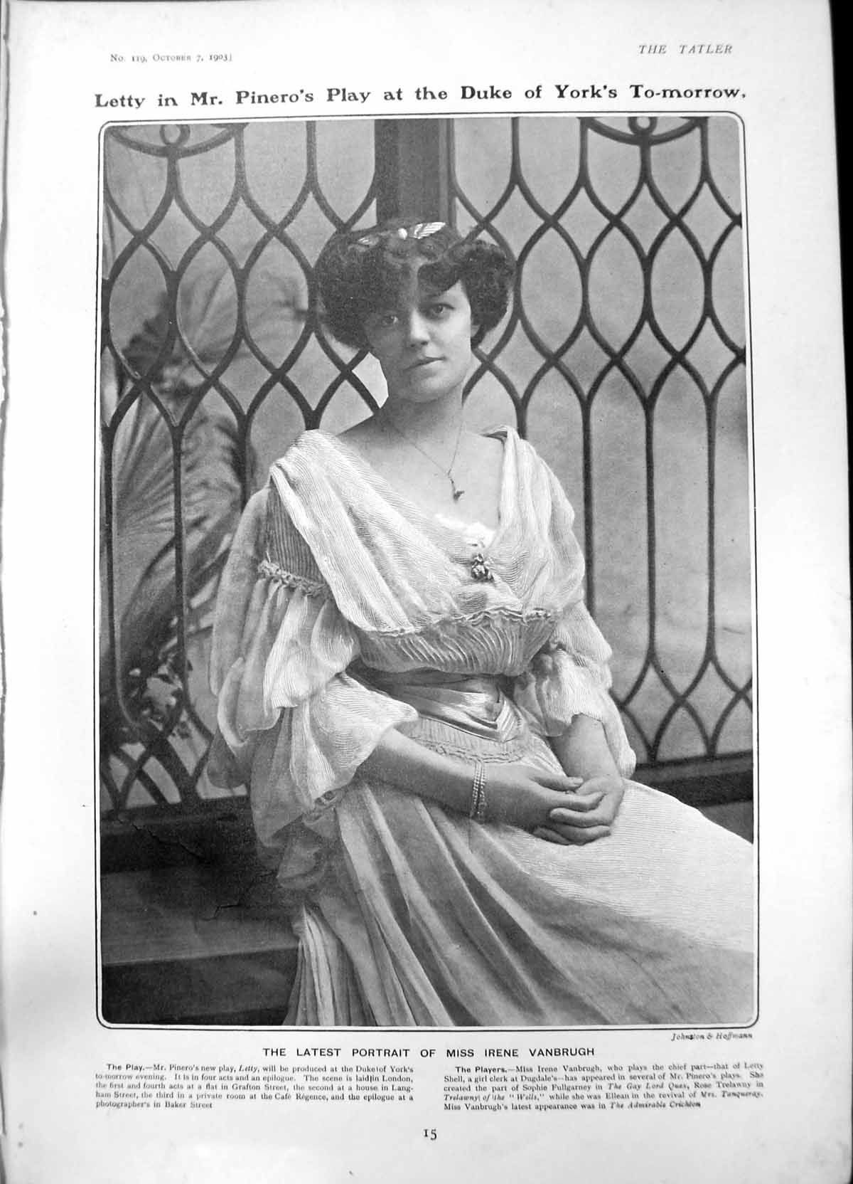 Antique Old Print Irene Vanbrugh Letty Pineros Play Duke Yorks Theatre 1903