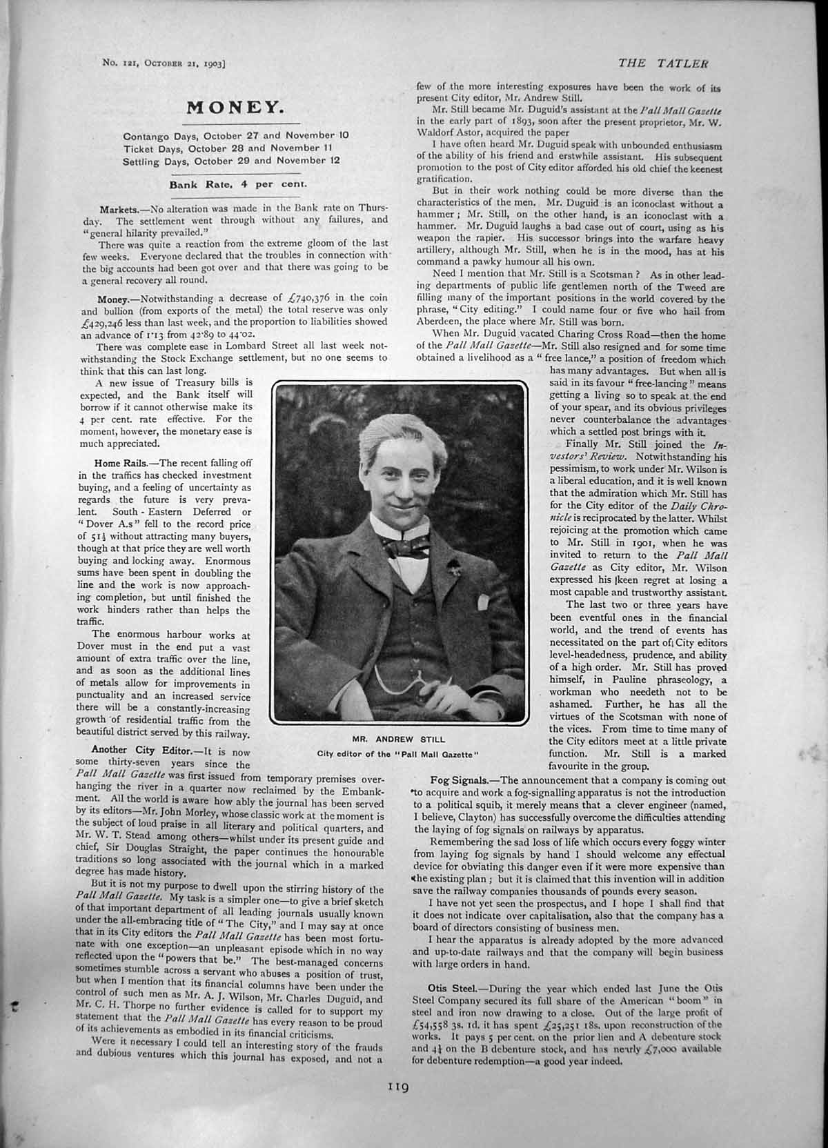 Original Old Antique Print Andrew Still City Editor Pall Mall Gazette 1903 20th