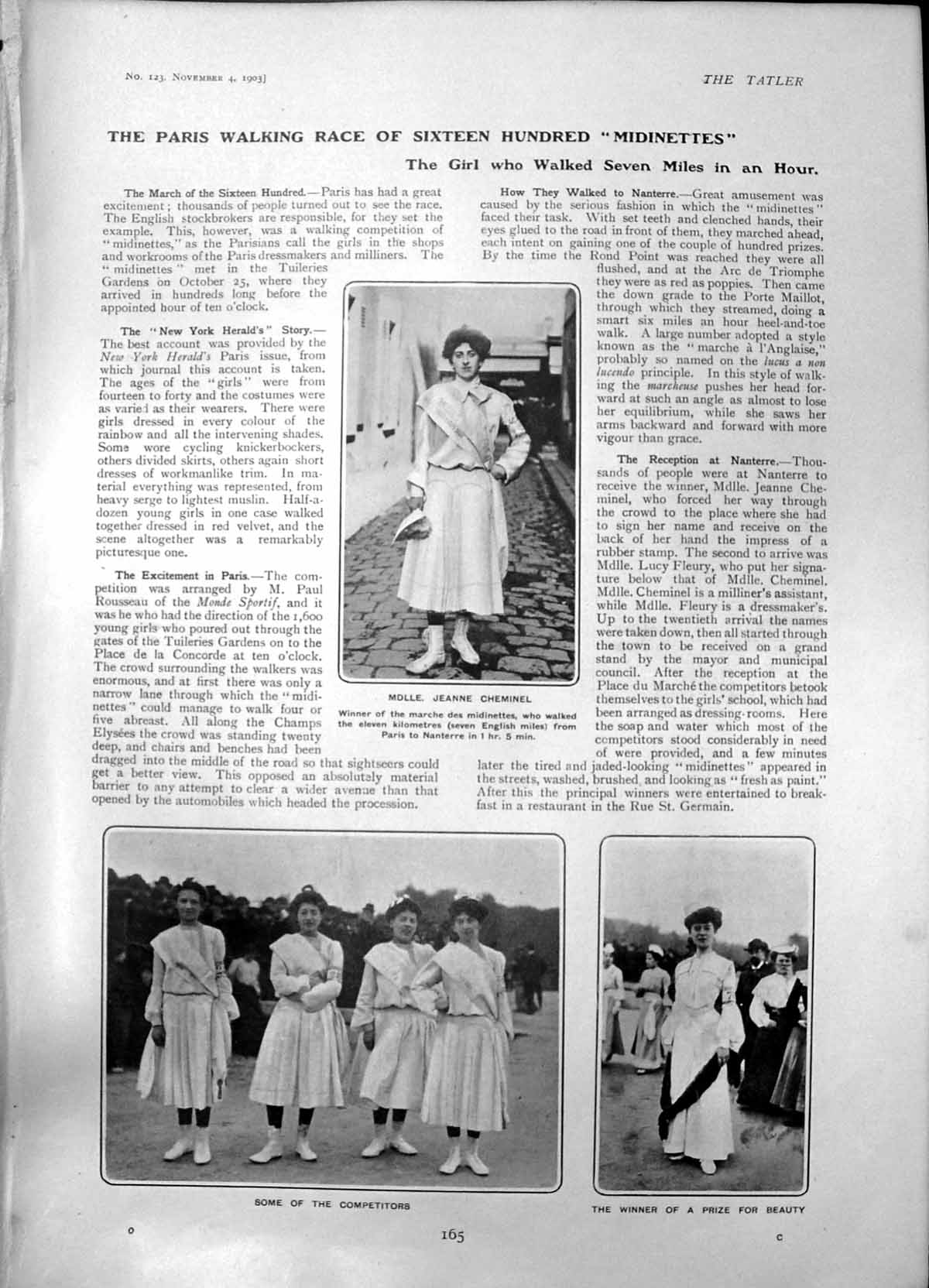 Antique Old Print Paris Walking Race Midinettes Mdlle Jeanne Cheminel 1903 20th