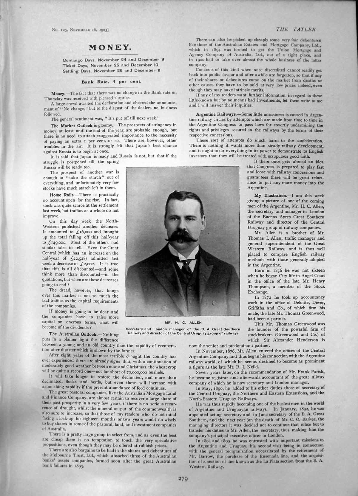 Antique Old Print H C Allen Secretary Manager B A Great Southern Railway 1903