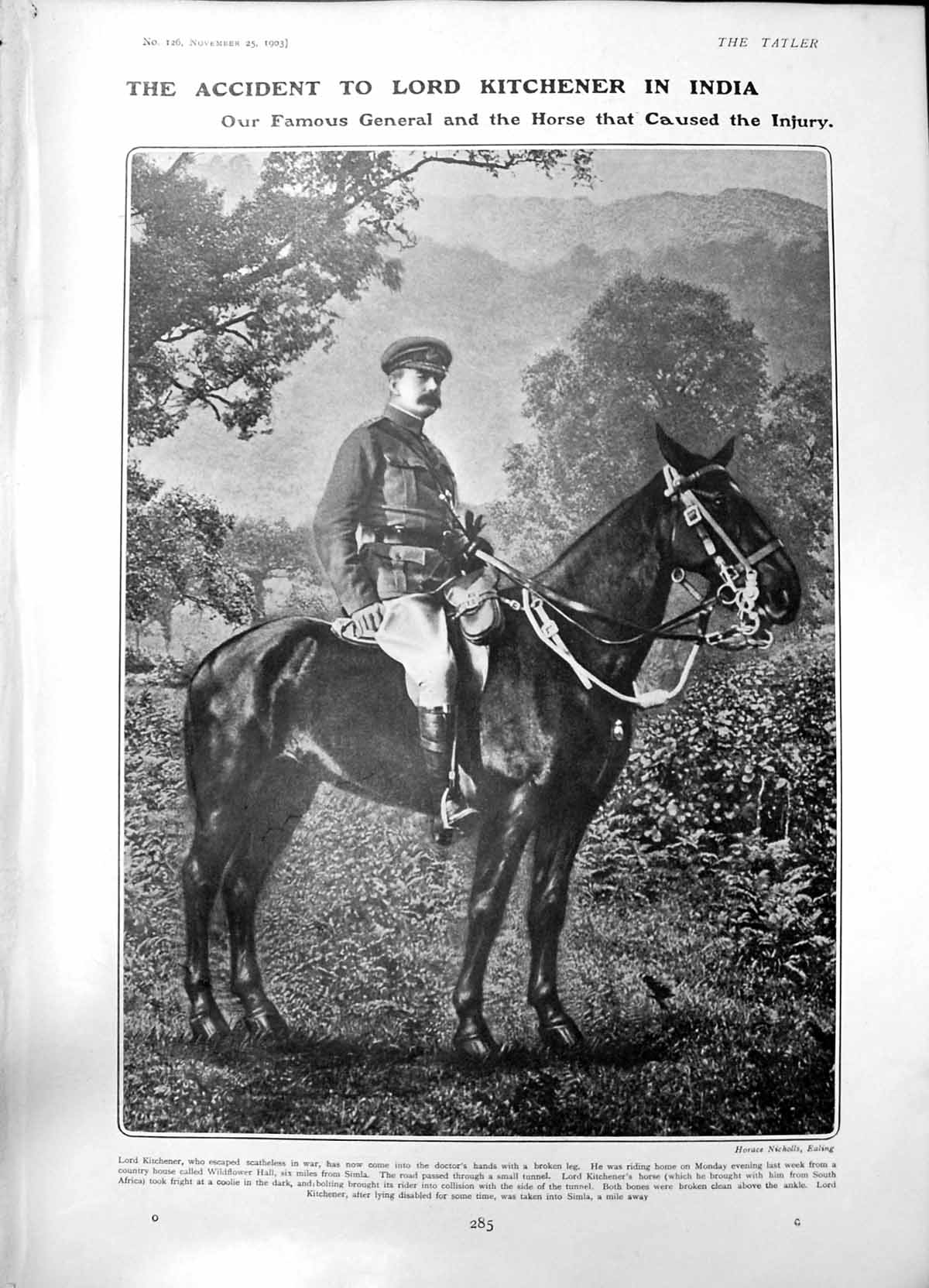 Antique Old Print Accident Lord Kitchener India Horse Fright Broken Leg 1903