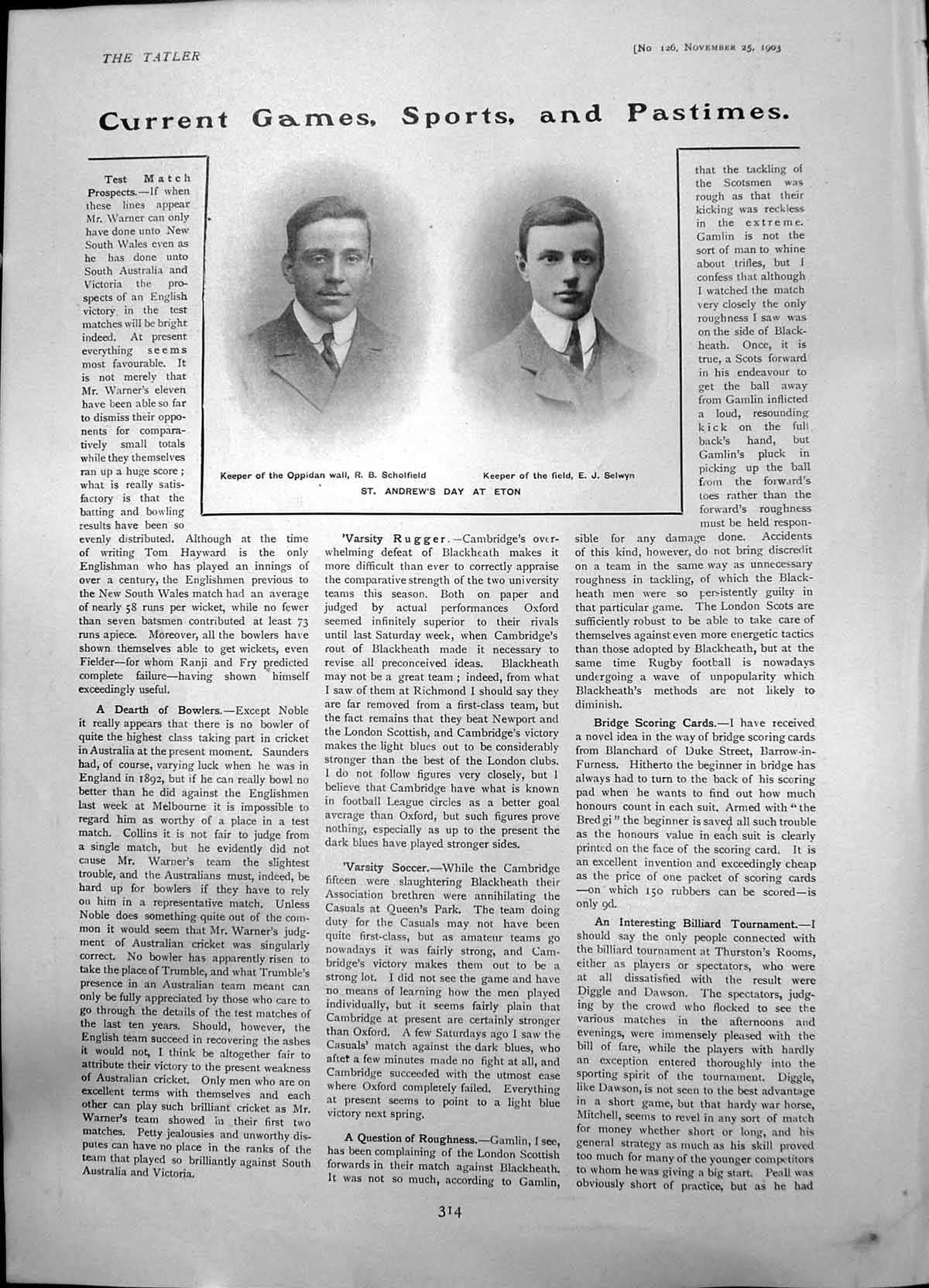 Old St Andrews Day Eton Keeper Oppidan Wall R Scholfield E J Selwyn