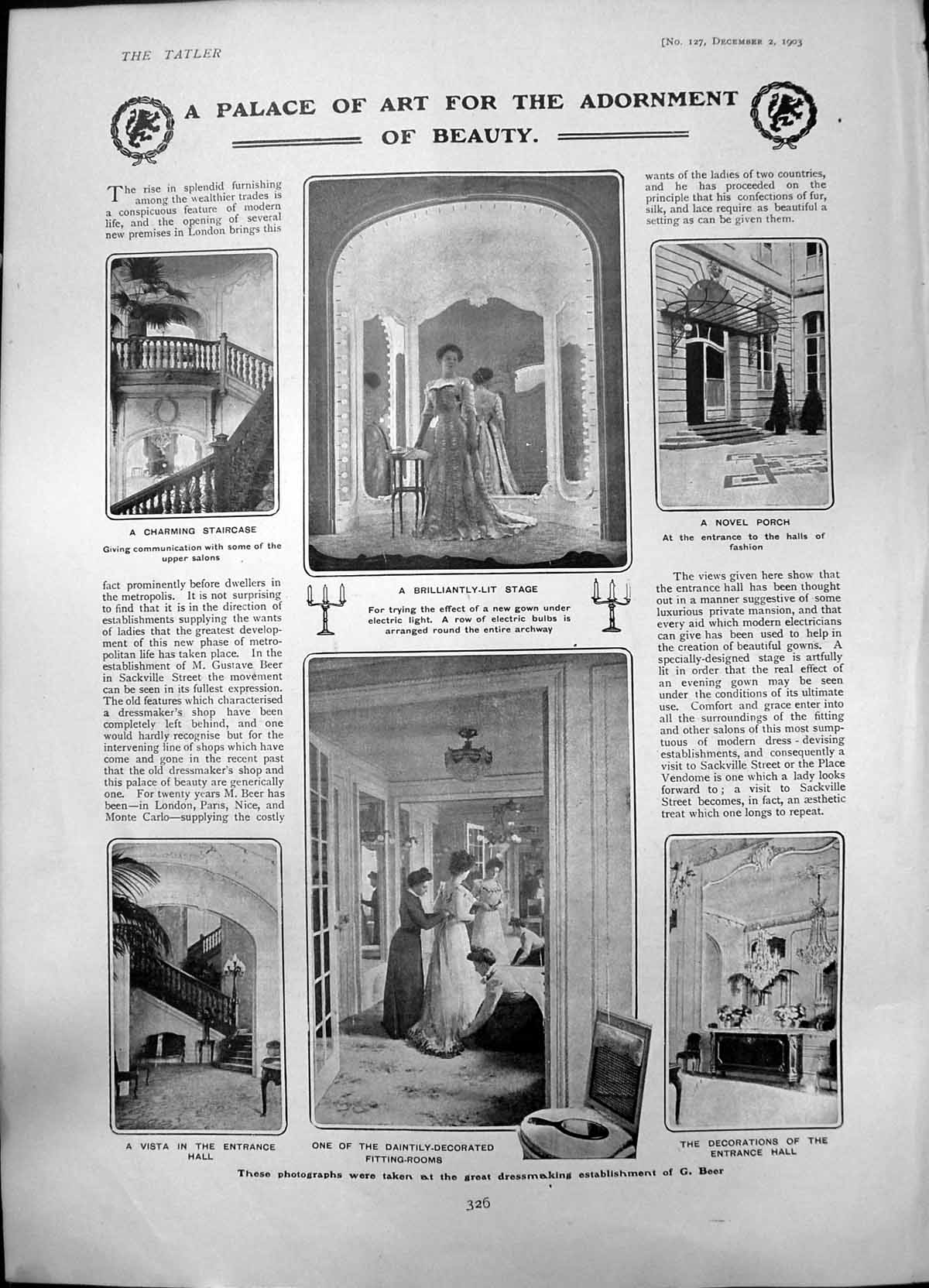 Old Print Dressmaking G Beer Palace Art Stage New Gowns Fitting Room 1903 20th