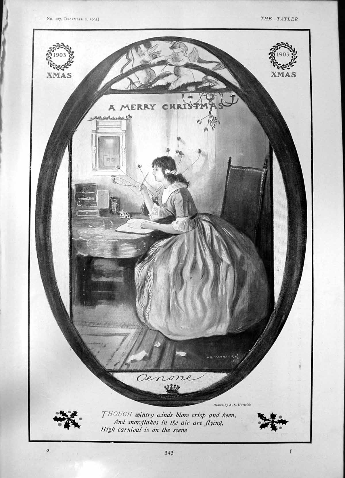 Old Print Merry Christmas A Hartrick Birds Custard Swan Fountain Pen 1903 20th