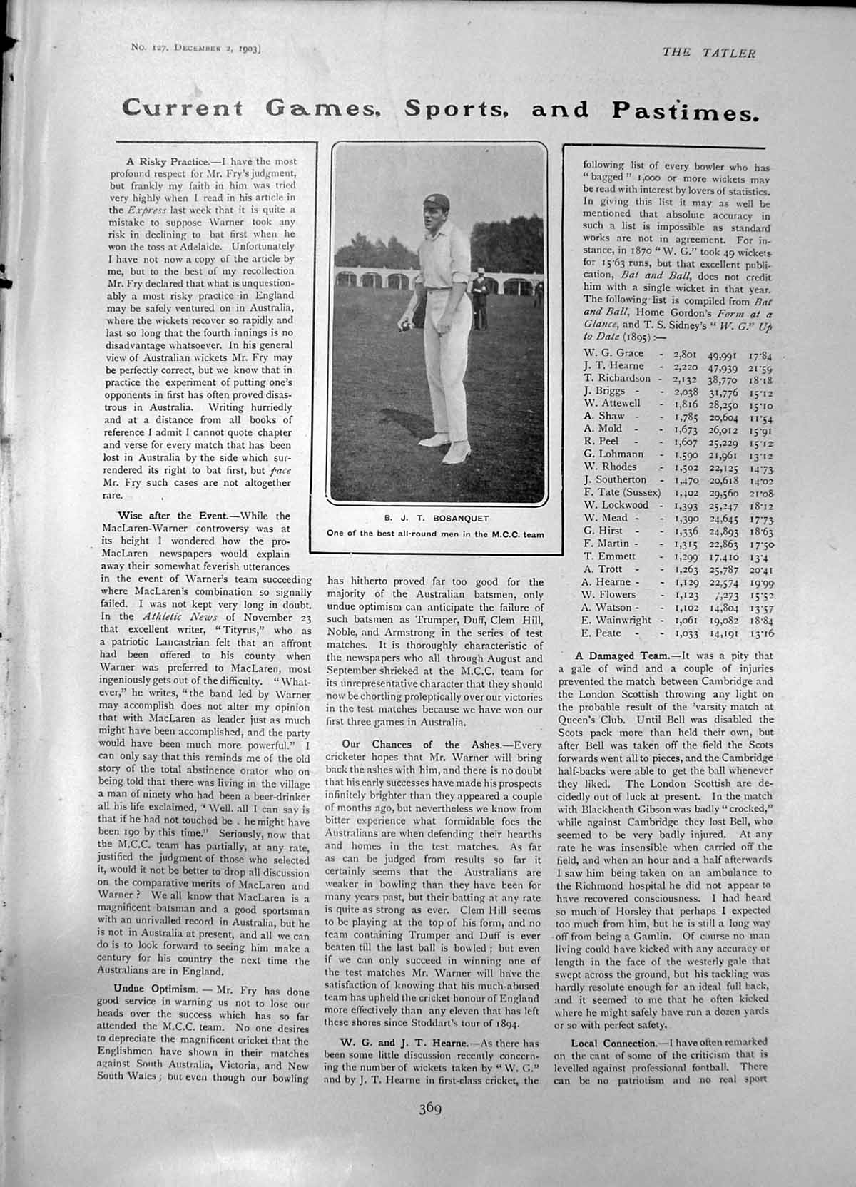 Antique Old Print B Bosanquet M C C London Scottish V Cambridge Heading 1903