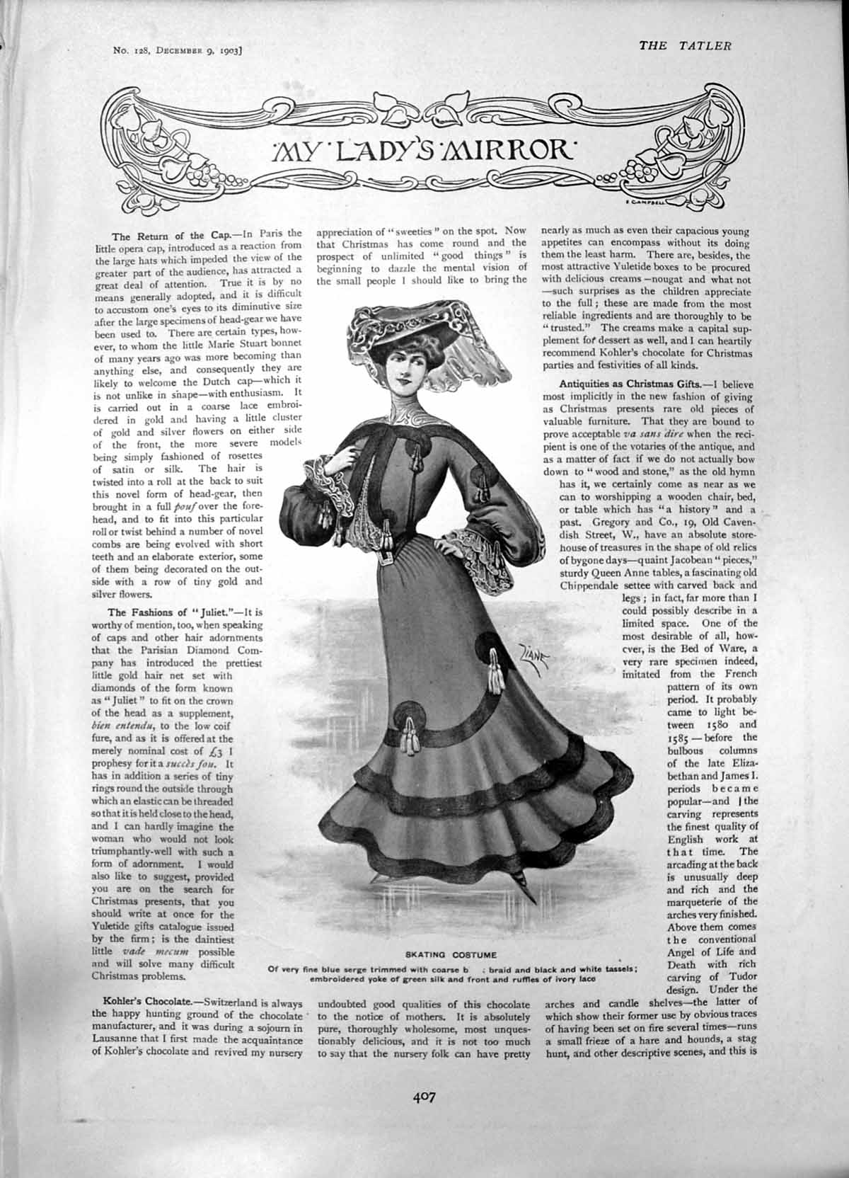 Antique Print Skating Costume Bedstead Cigarette Case Carlton Ash Tray1903 20th