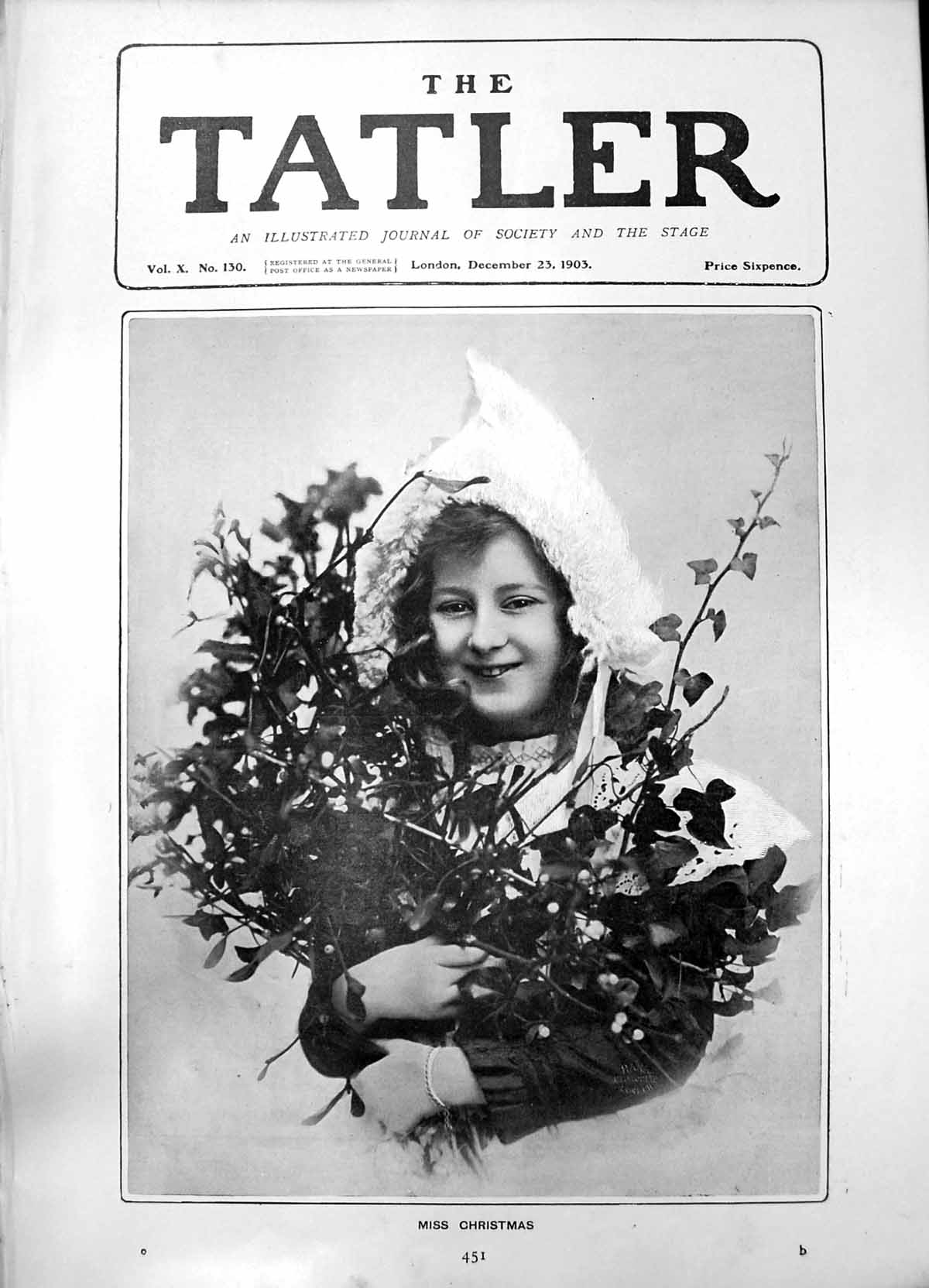 Original Old Antique Print Miss Christmas Girl Hing Ivy Holly Mistletoe 1903