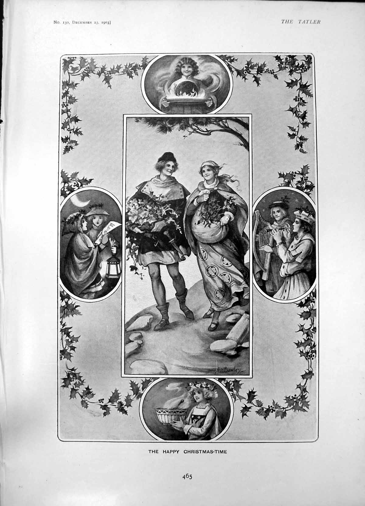 Old Print Happy Christmas Time Pudding Carols Bright Part W Haseldia 1903 20th