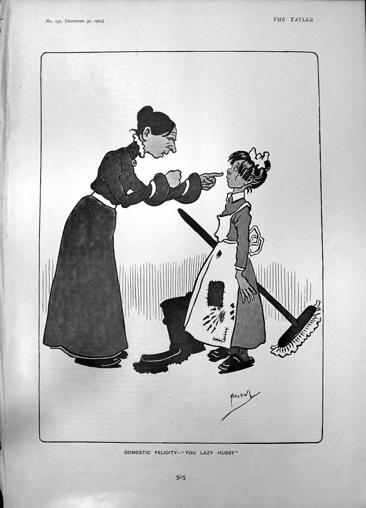 Antique Print Domestic Felicity You Lazy Hussy Maid Being TOff By Lady 1903