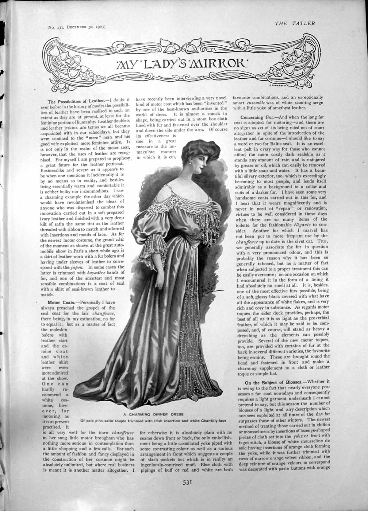 Original Old Antique Print Charming Dinner Dress New Motor Costume 1903 20th