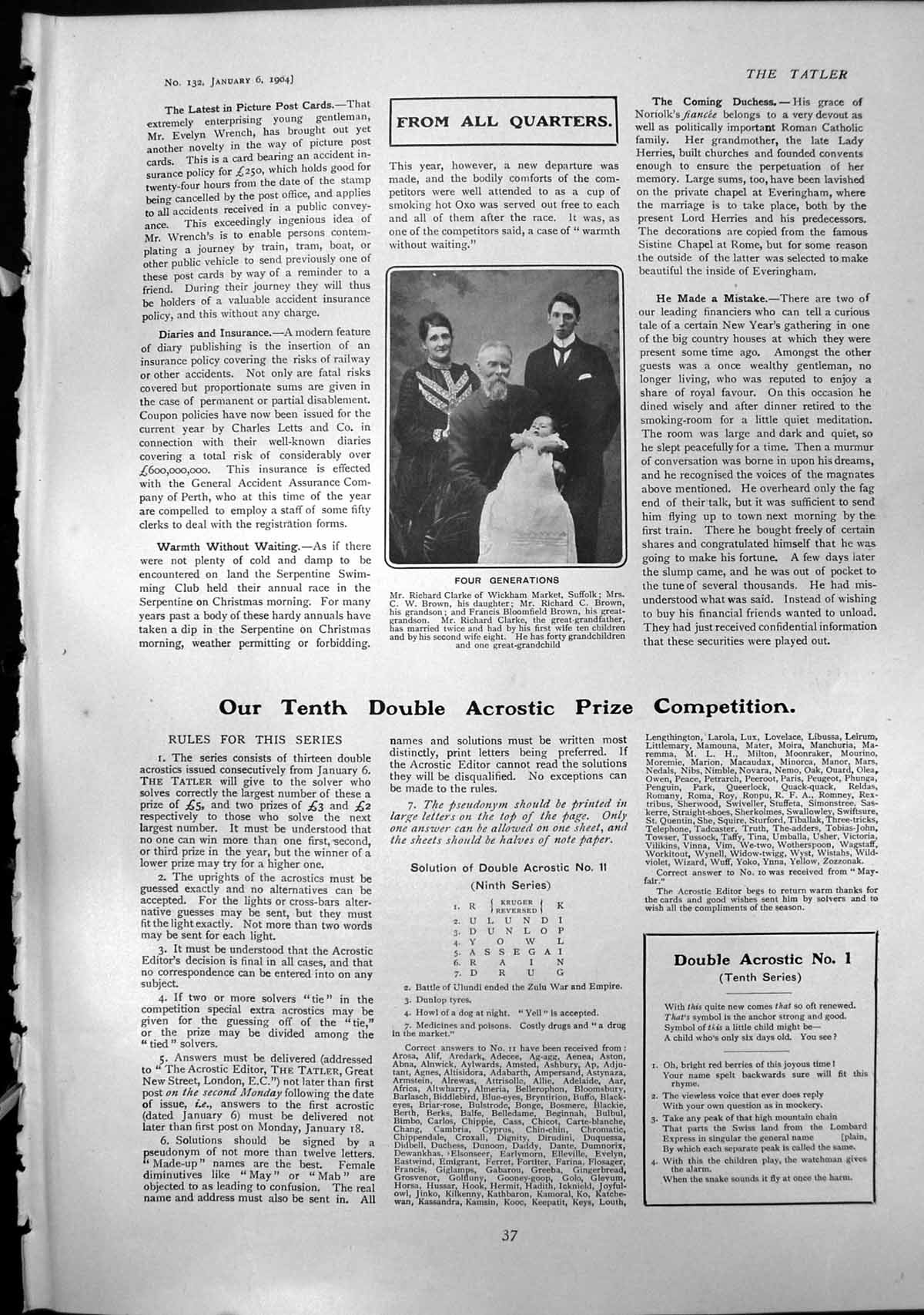 Old Print Four Generations Family Richard Clarke Wickam Mrs C Brown 1904 20th