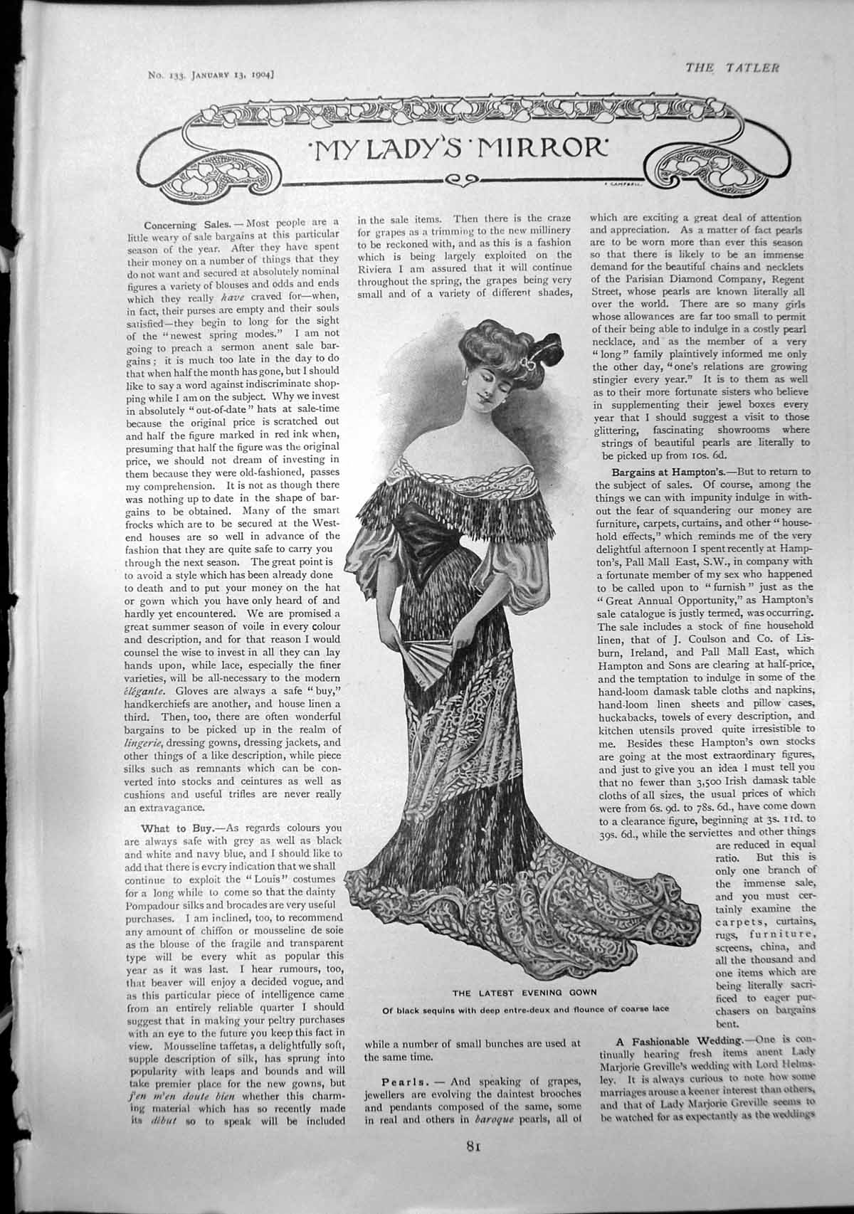 Old Antique Print Ladys Mirror Latest Evening Gown Useful Fur Coatee 1904 20th