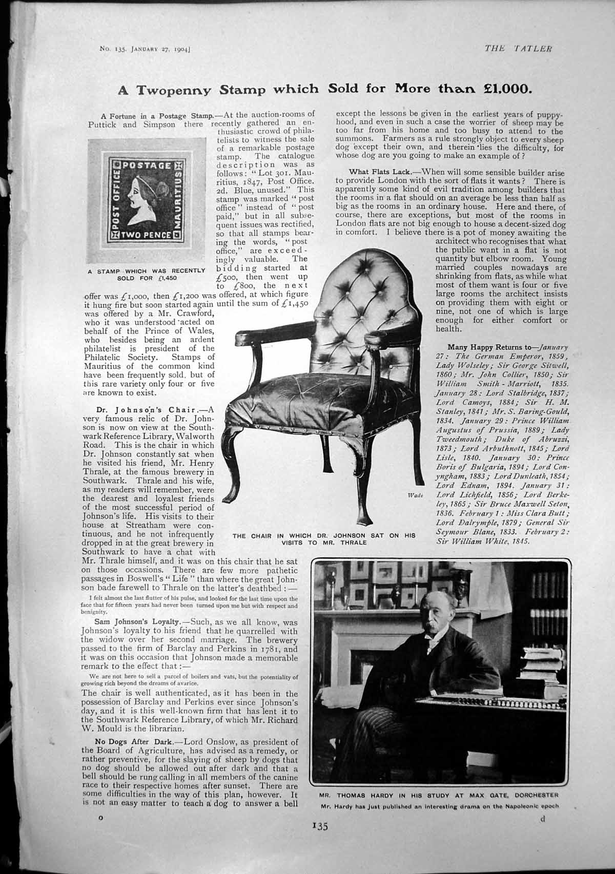 Antique Print Twopenny Stamp SFor ú1450 Thomas Hardy Study Dorchester 1904