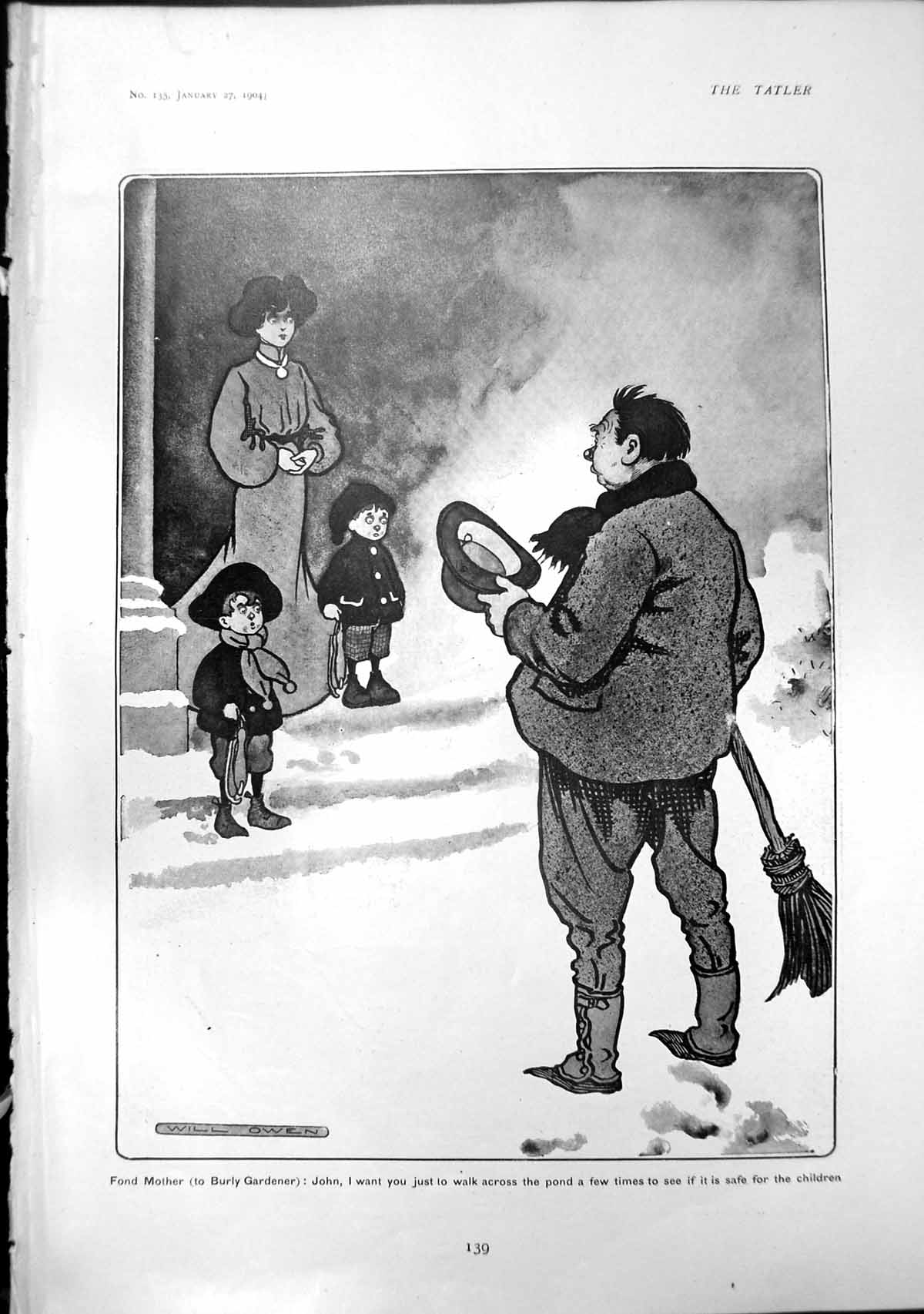 Old Print Humour Will Owen Mother Burly Gardener Joy Living Man Rain 1904 20th