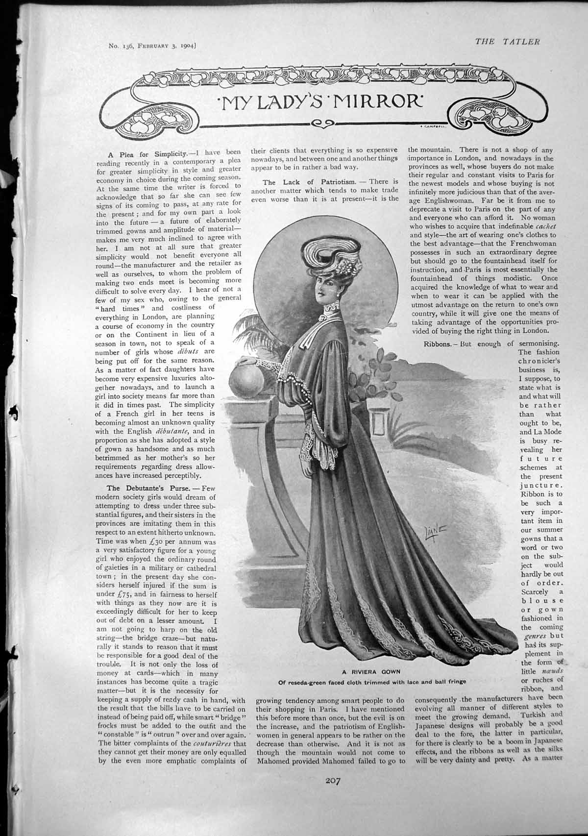 Antique Old Print Ladys Mirror Riviera Gown Handsome Driving Coat Ermine 1904