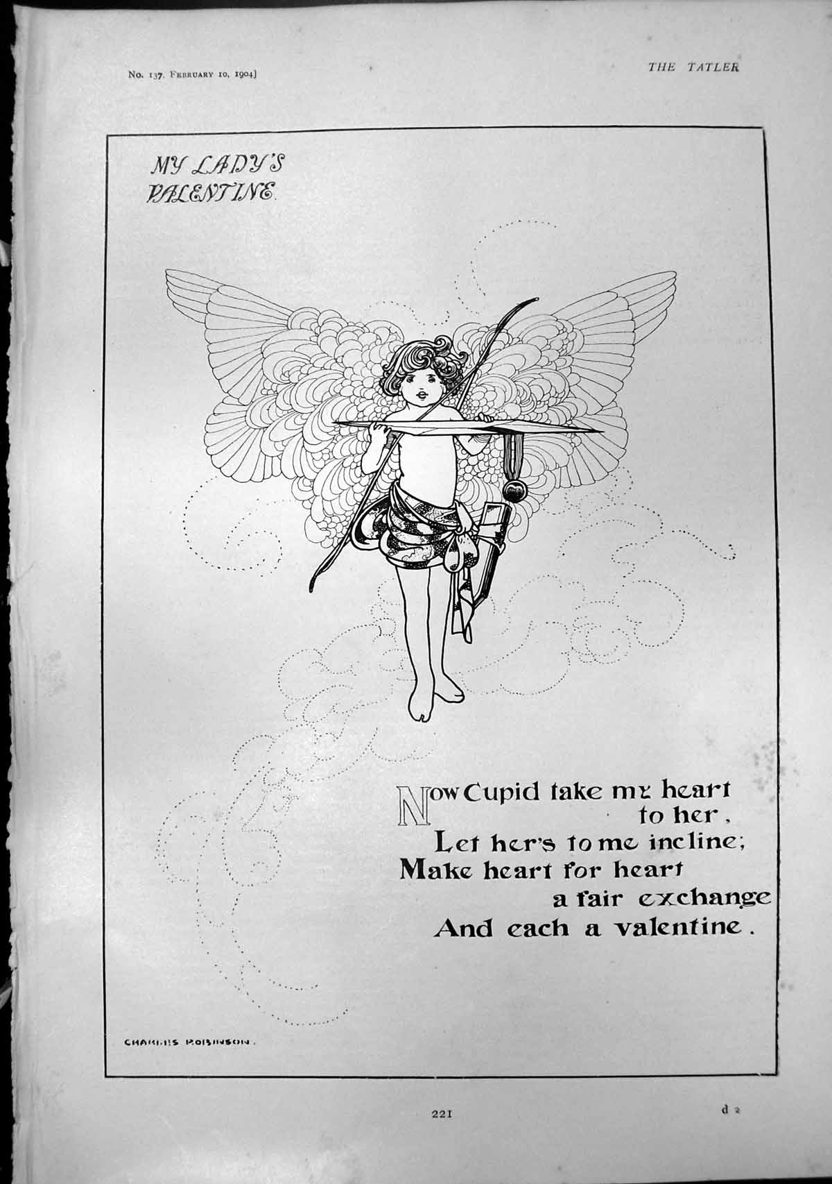Original Old Antique Print My Ladys Valentine Cupid Arrow Charles Robinson 1904
