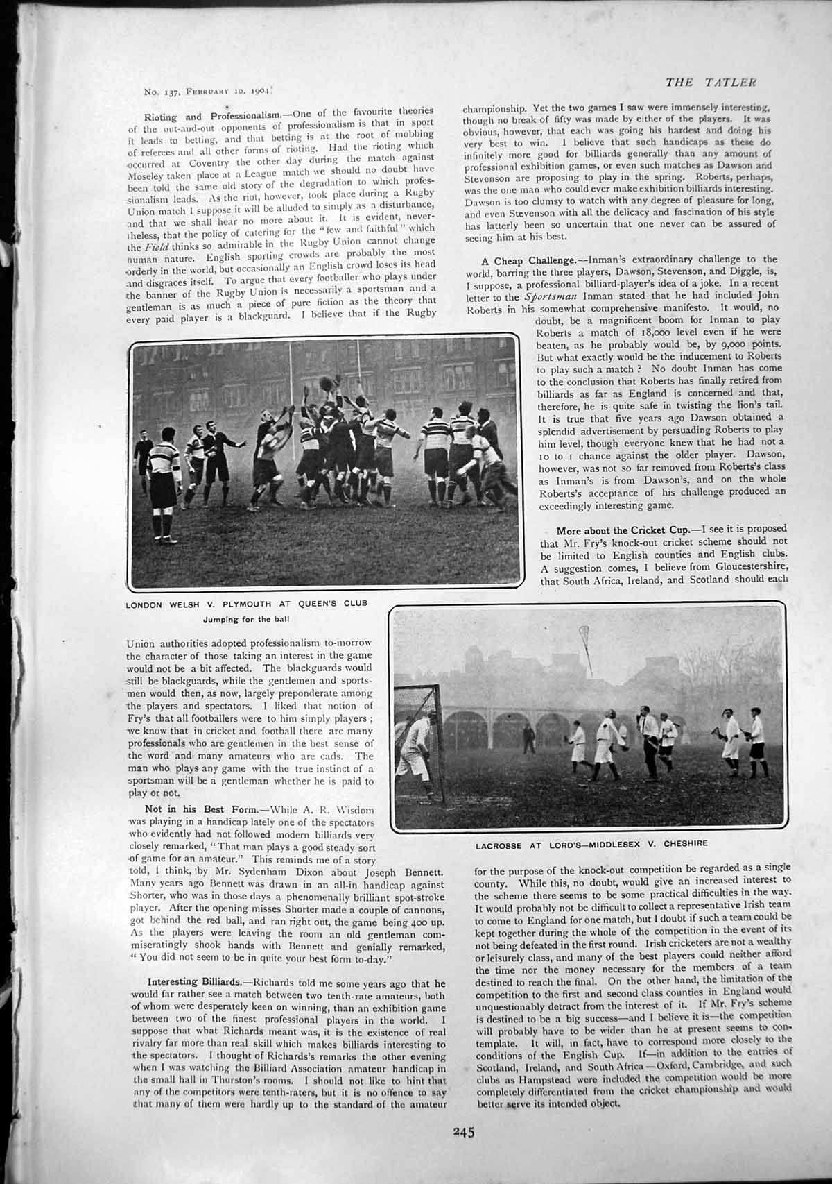 Old London Welsh V Plymouth Rugby Lacrose Lords 25 Hp Saloon Car 1904