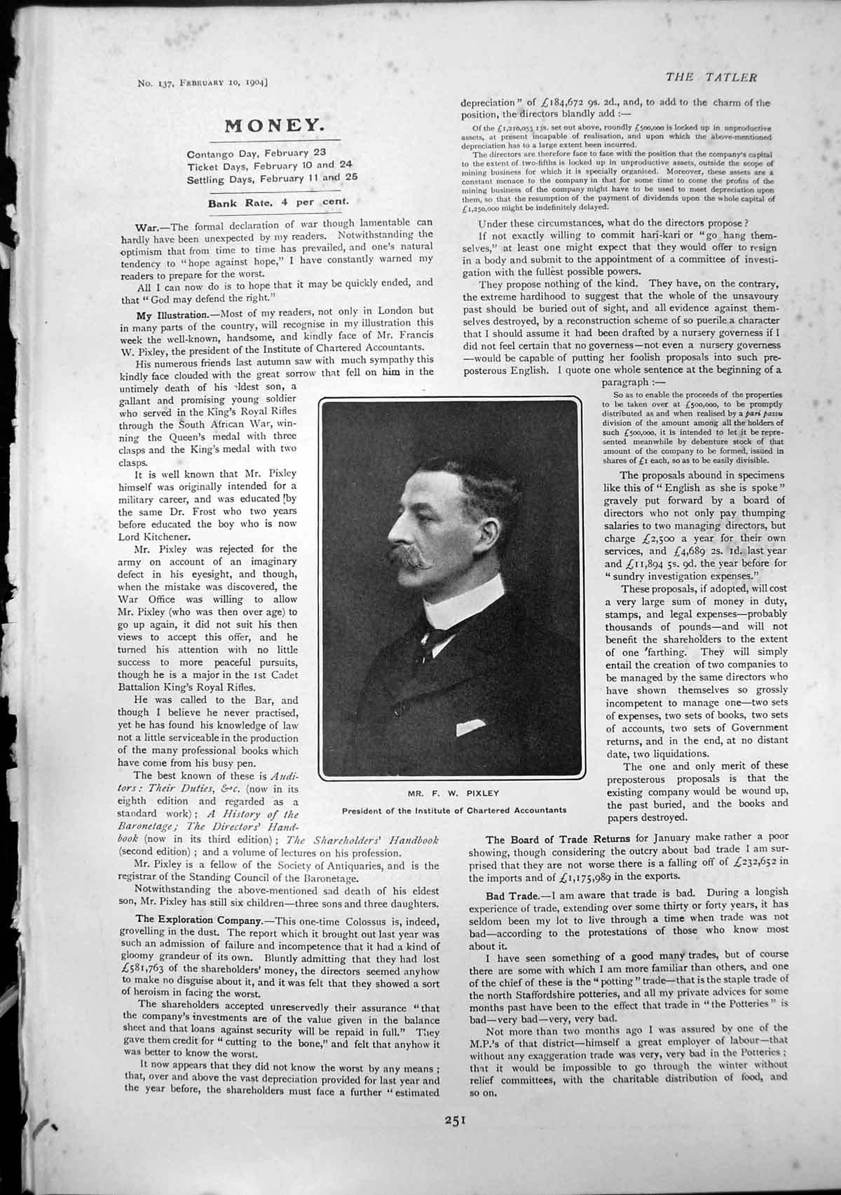 Antique Old Print F W Pixley President Institute Chartered Accountants 1904