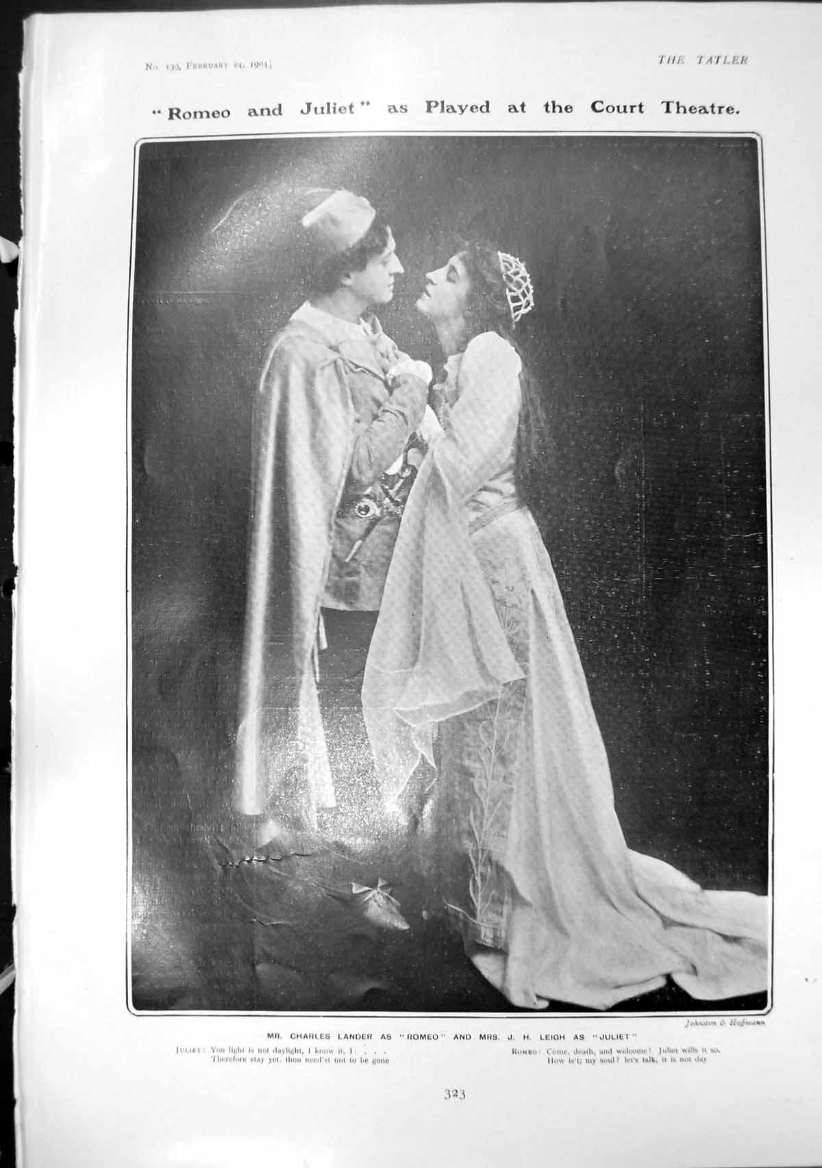 Old Print Romeo Juliet Charles Lander Mrs J Leigh Working Mans Play 1904 20th