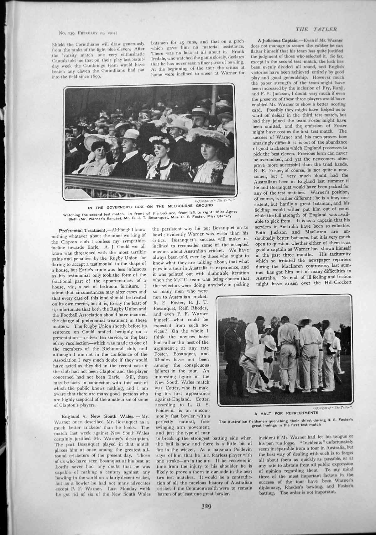 Antique Old Print Cricket Governors Box Melbourne Scotsman Madame Sherry1904