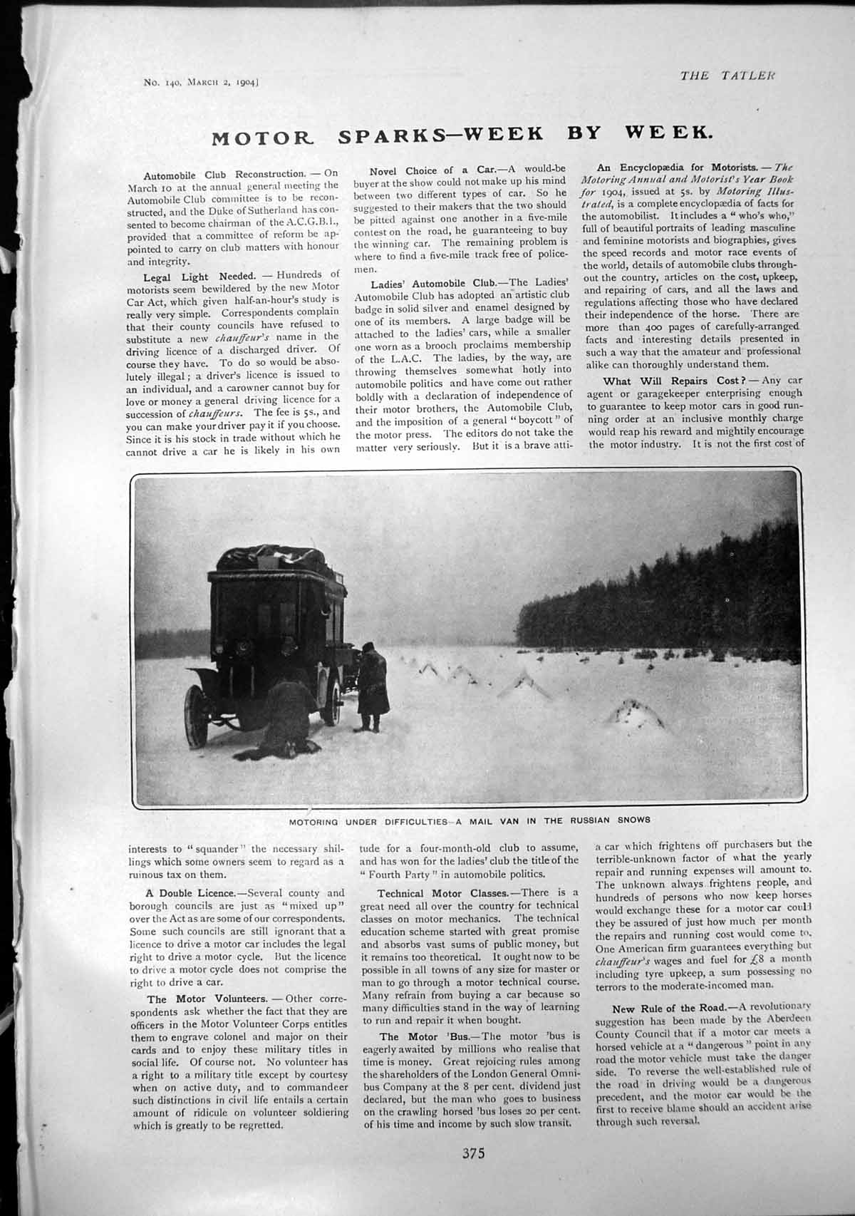 Old Antique Print Motoring Under Difficulties Mail Van Russian Snows 1904 20th