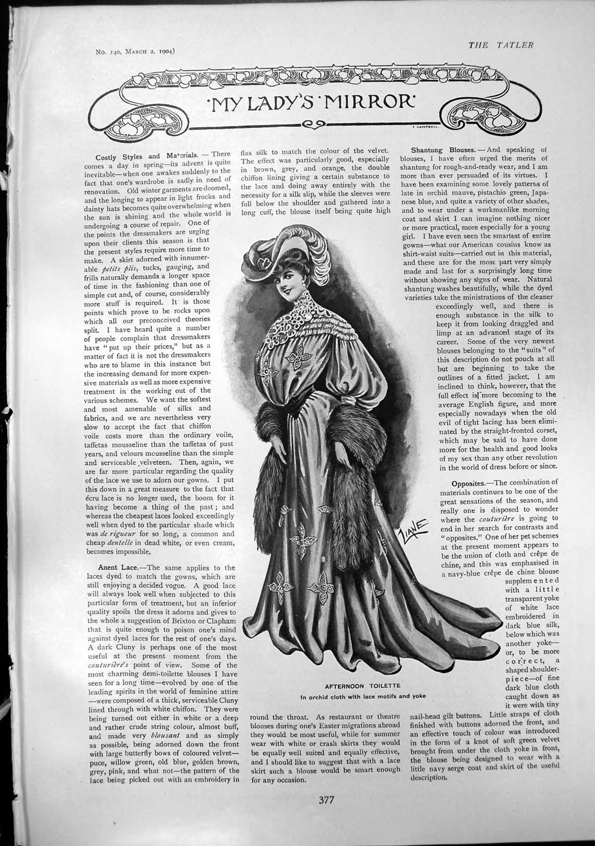 Antique Print Afternoon Toilette Orchid Cloth Dinner Gown Chiffon Lace 1904