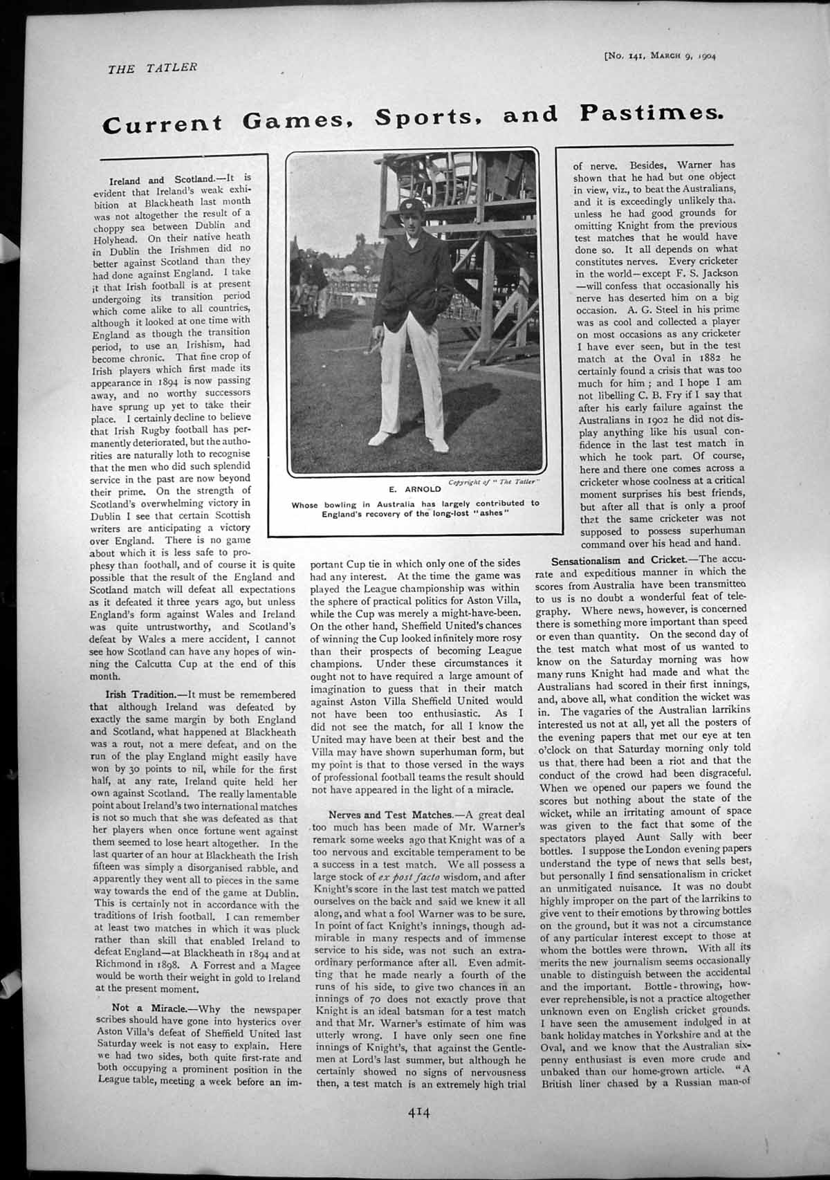 Original Old Antique Print E ArnBowling Australia Englands Recovery Ashes 1904