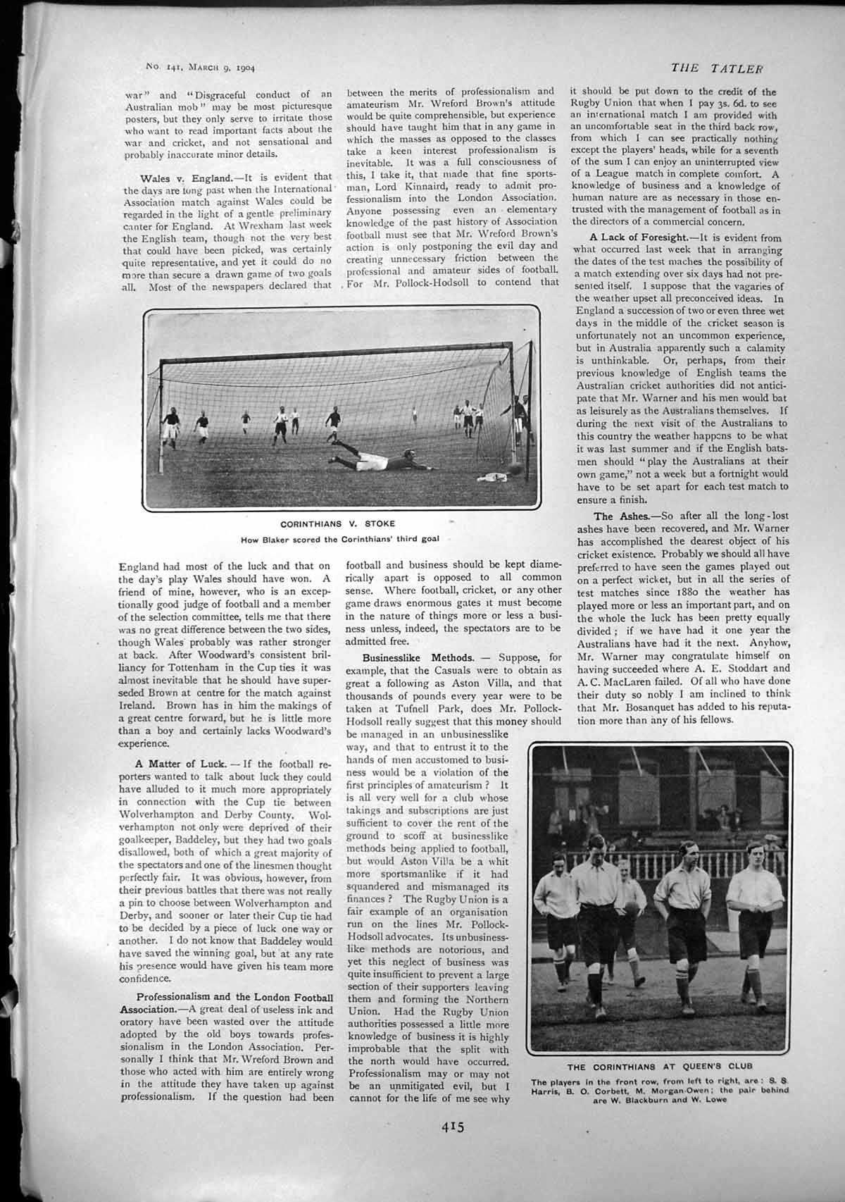 Old Football Corinthians V Stoke Queens Club Major Seely Mp Golf 1904 20th