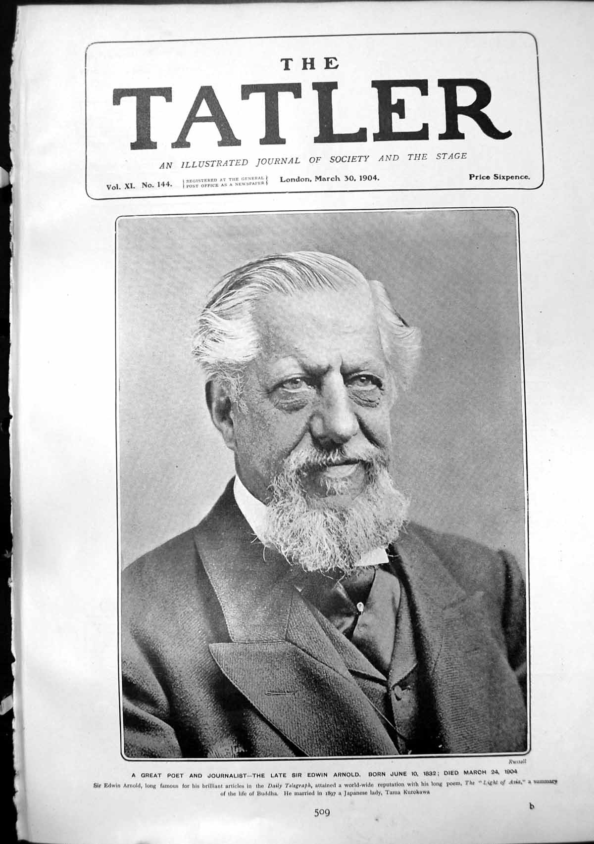 Old Antique Print Sir Edwin ArnGreat Poet Journalist Born 1832 Died 1904 19th