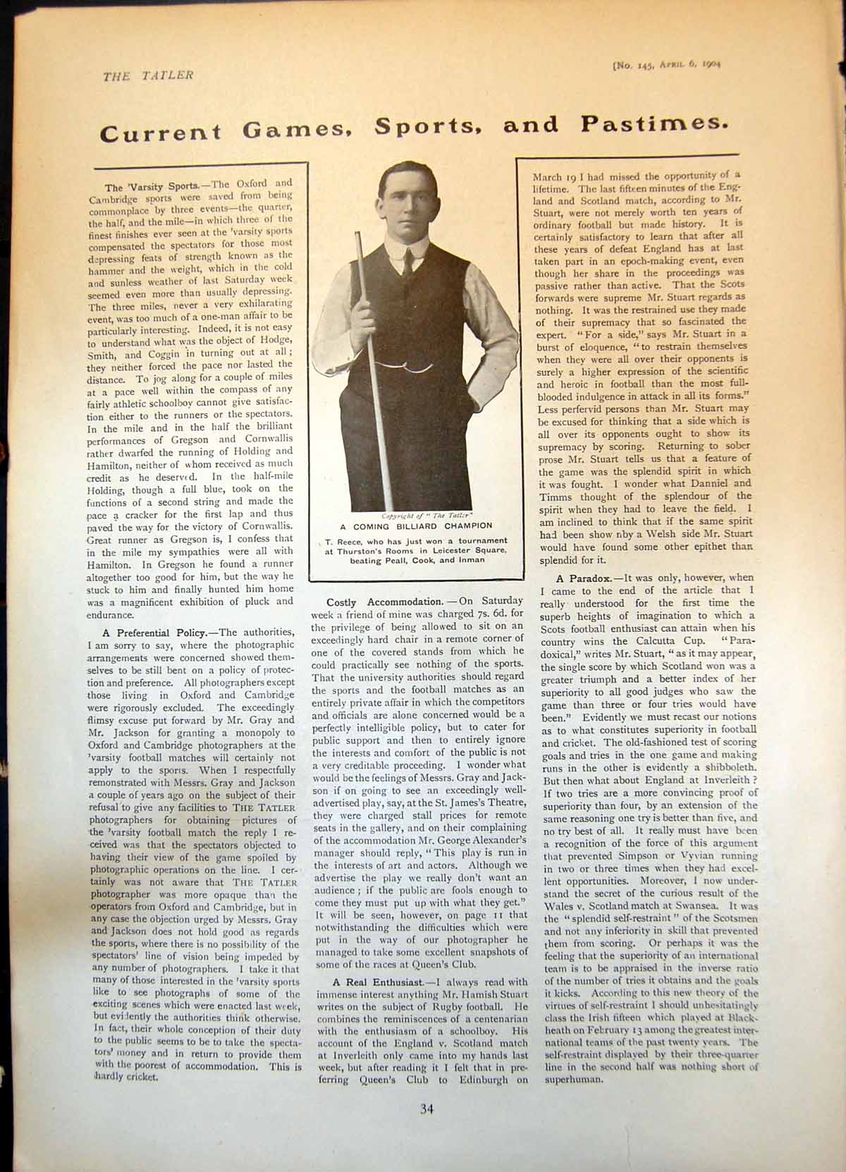 Old Coning Billiard Champion T Reece Won Tournament Leicester Sq 1904 20th