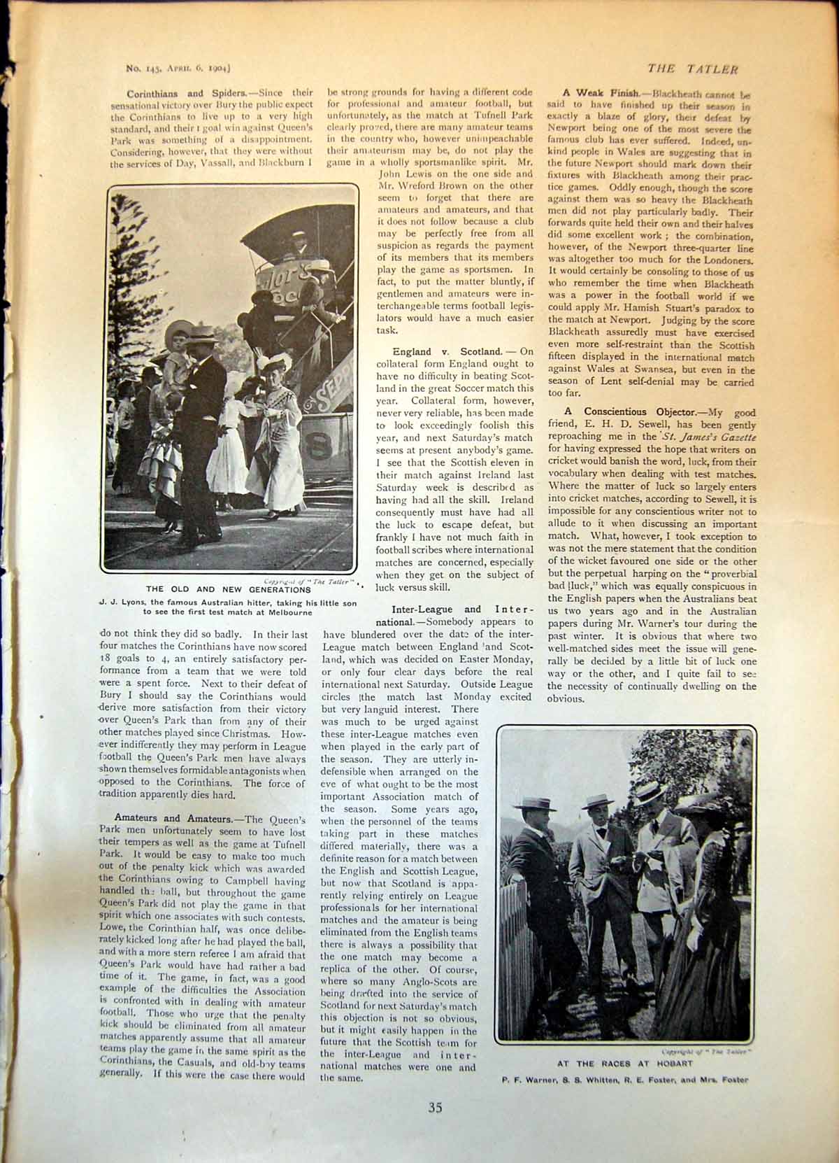 Old J Lyons Australian Son Test Match Races Hobart P Warner R Foster1