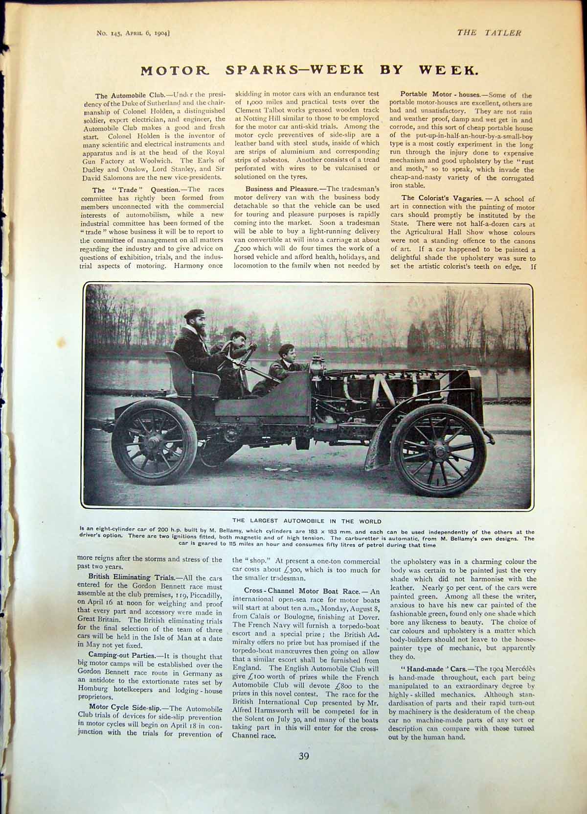 Old Largest Automobile WorldCylinder Car 200 Hp Built M Bellamy 19