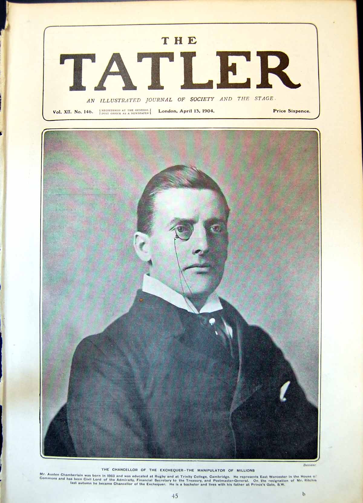 Old Antique Print Chancellor Exchequer Austen Chamberlain Born 1863 1904 19th