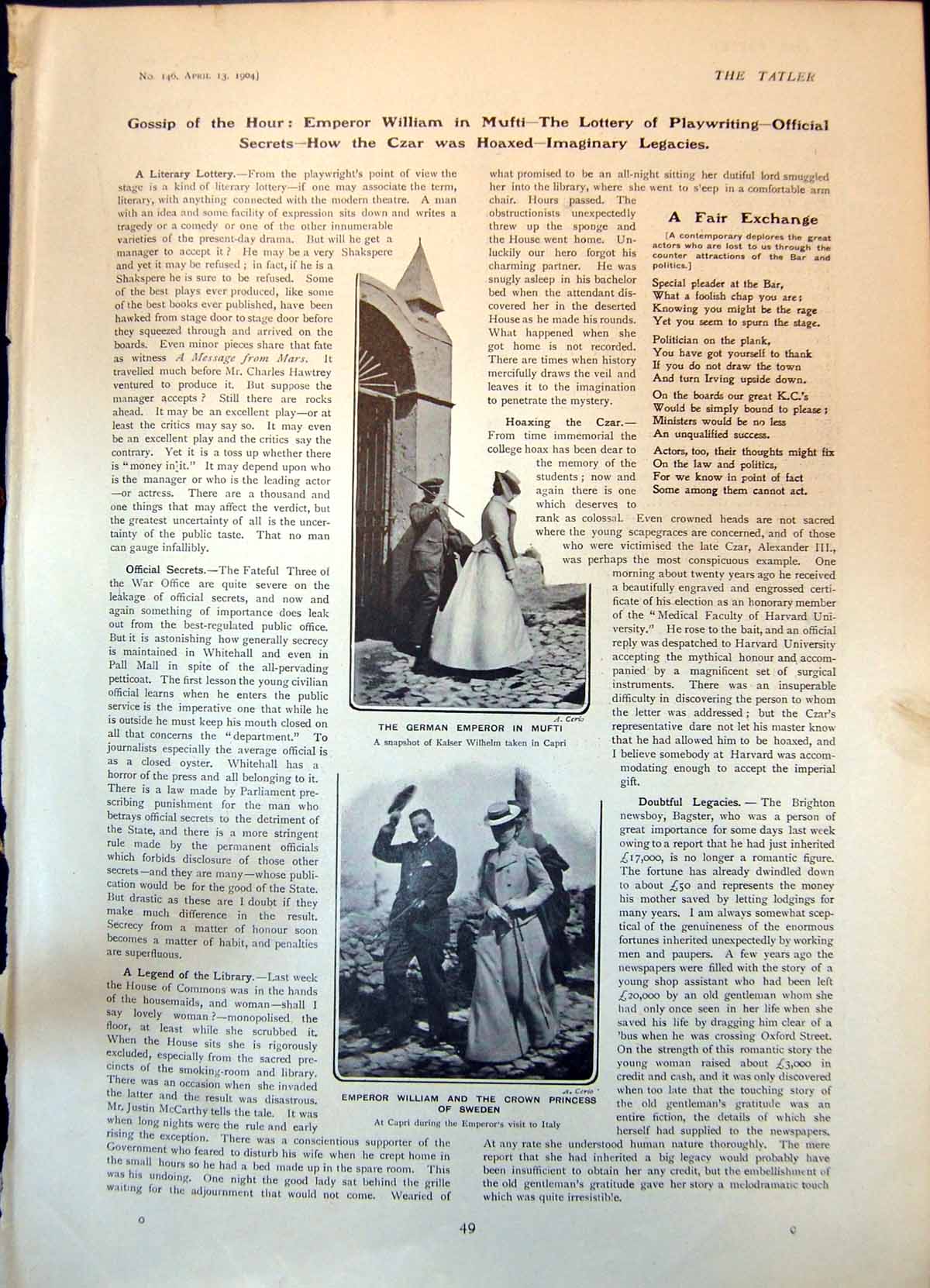 Antique Old Print German Emperor Crown Princess Sweden Dr Deighton Walk 1904