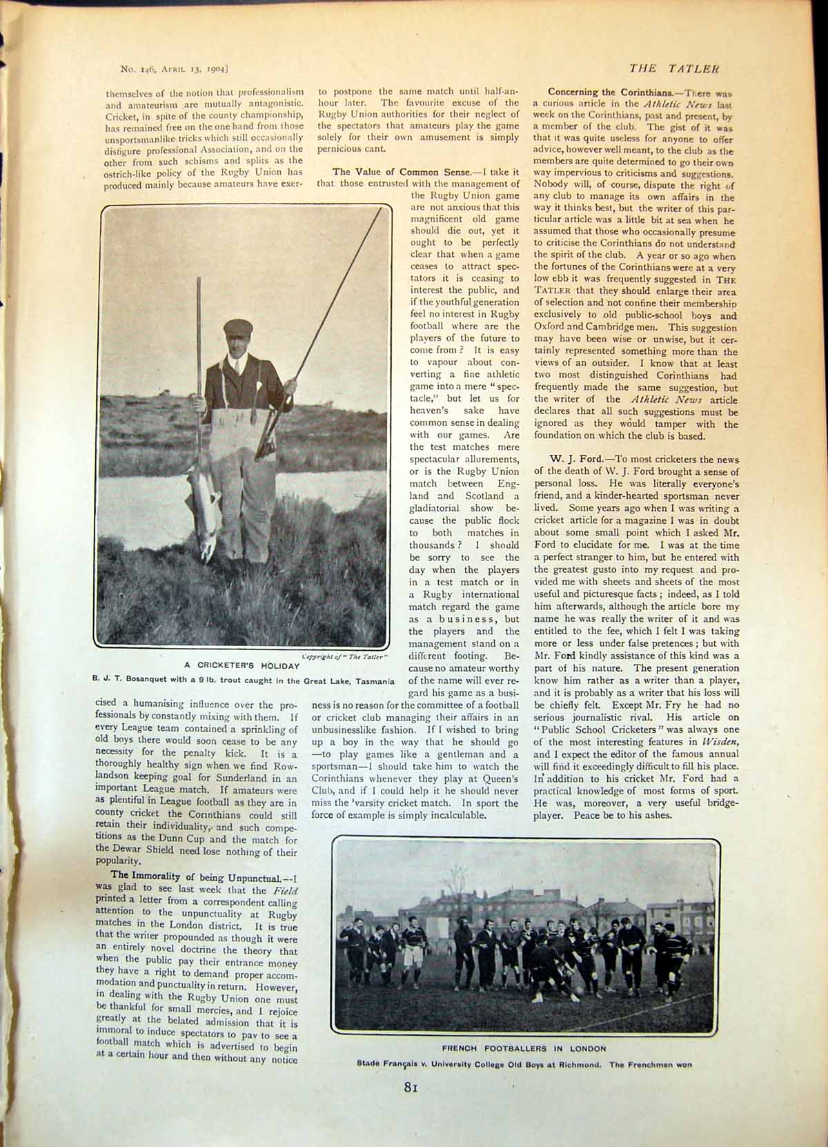 Antique Print B Bosanquet Cricketer Fishing French Footballers London 1904 20th