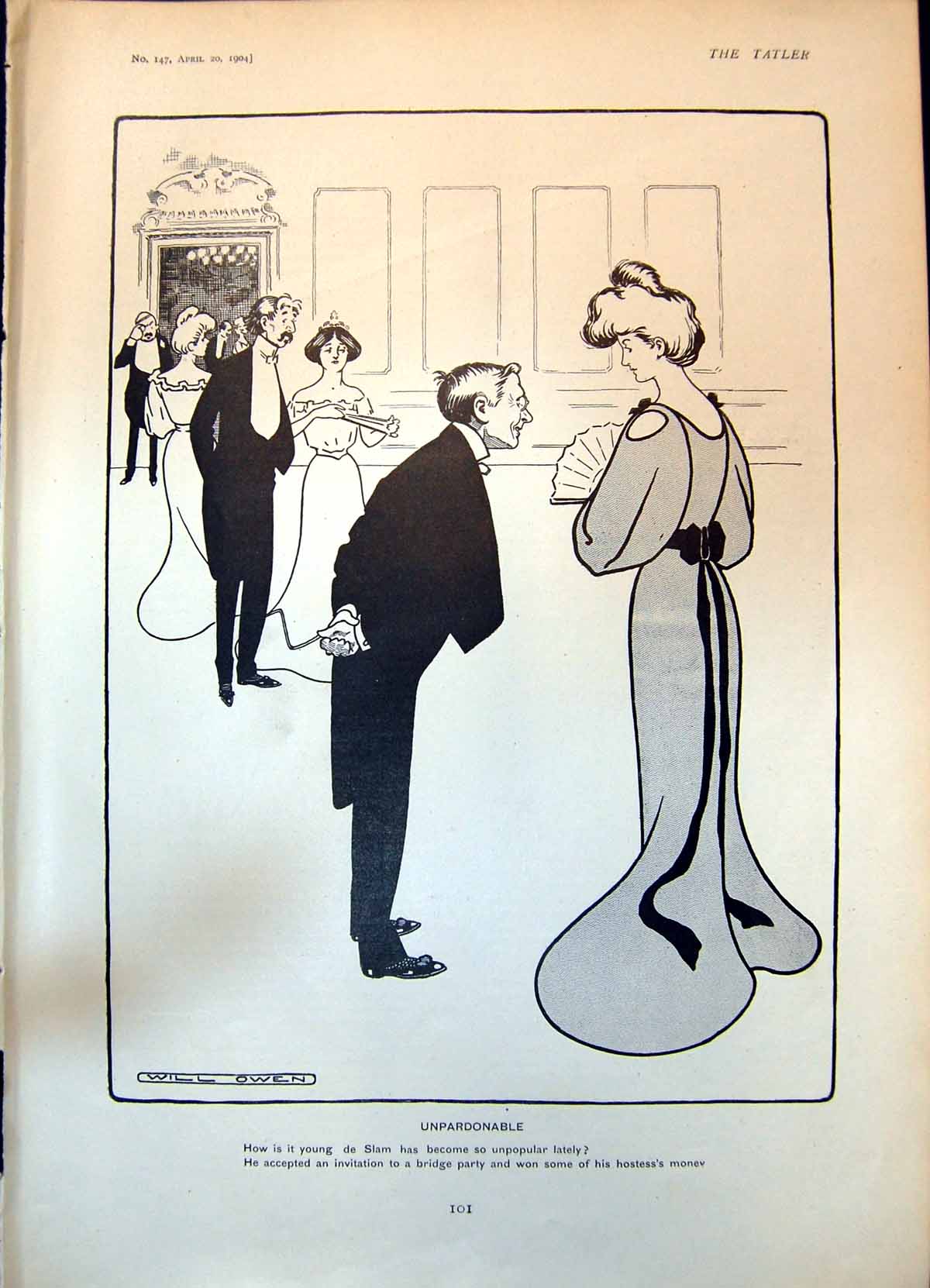 Antique Old Print Humour Will Owen Unpardonable De Slam Won Money Bridge 1904
