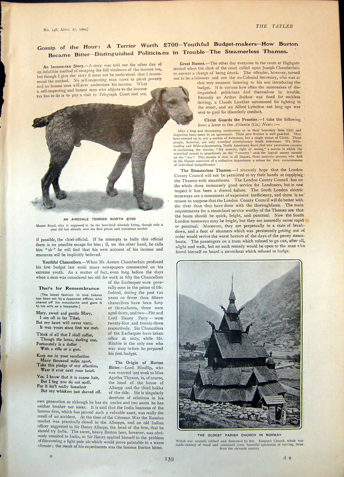 Old Print Airedale Terrier est Parish Church Norway Mr C B Fry Age 18 19 19th