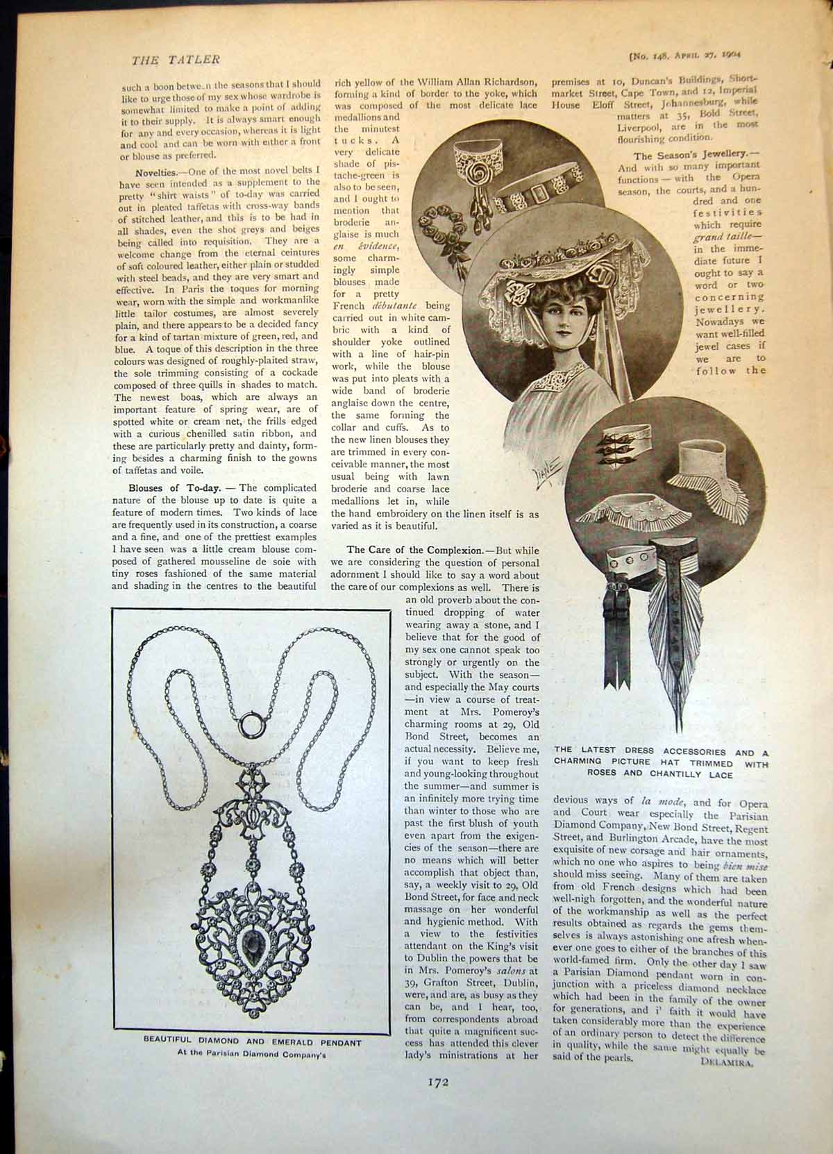 Old Print Diamond Emerald Pendant Parisian Co Dress Accessories Hat 1904 20th