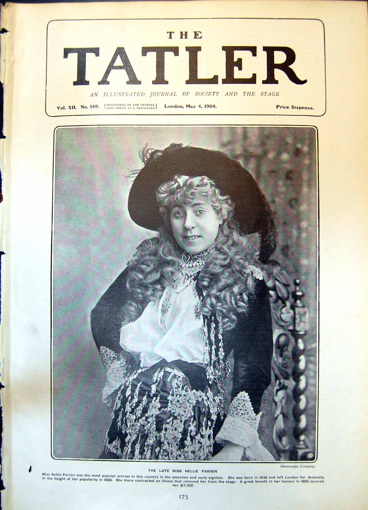 Old Print Nellie Farren Popular Actress Born 1848 Australia Illness 1904 19th