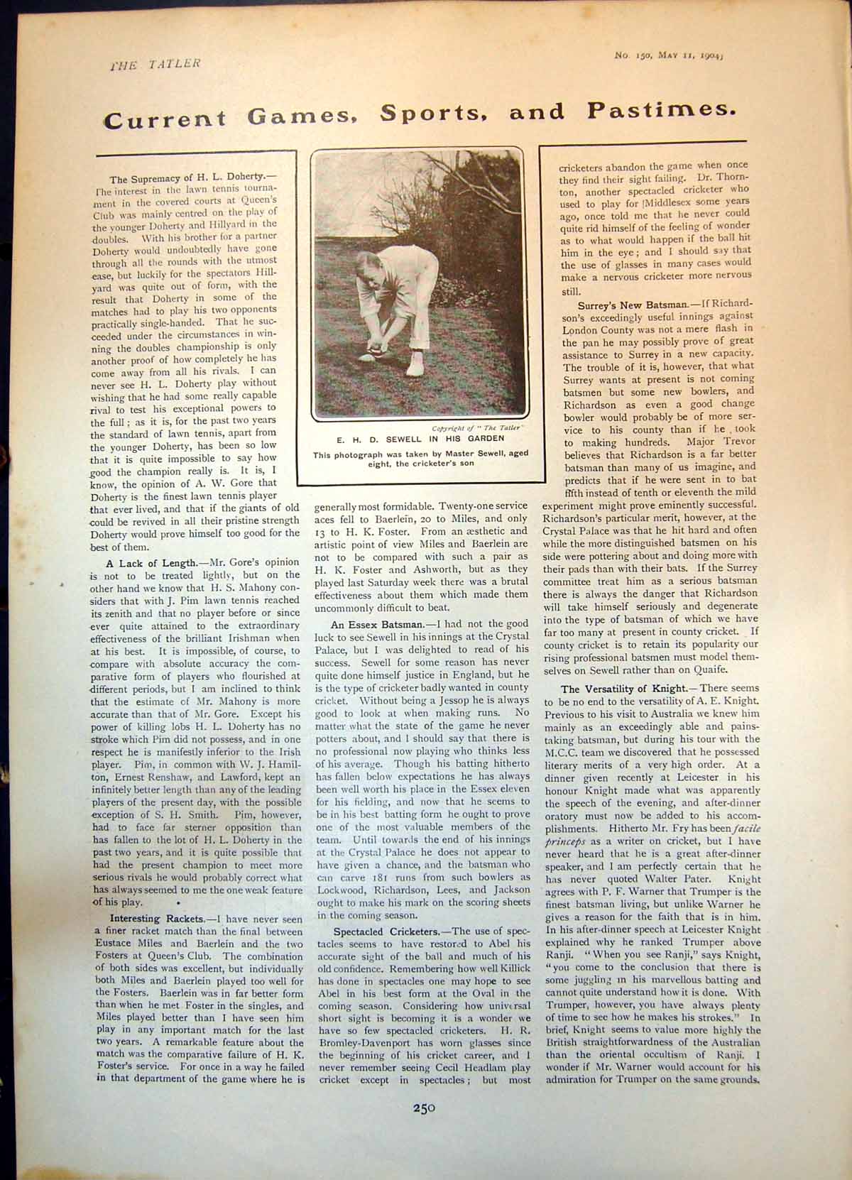 Original Old Antique Print E Sewell Cricketer In His Garden 1904 20th Century