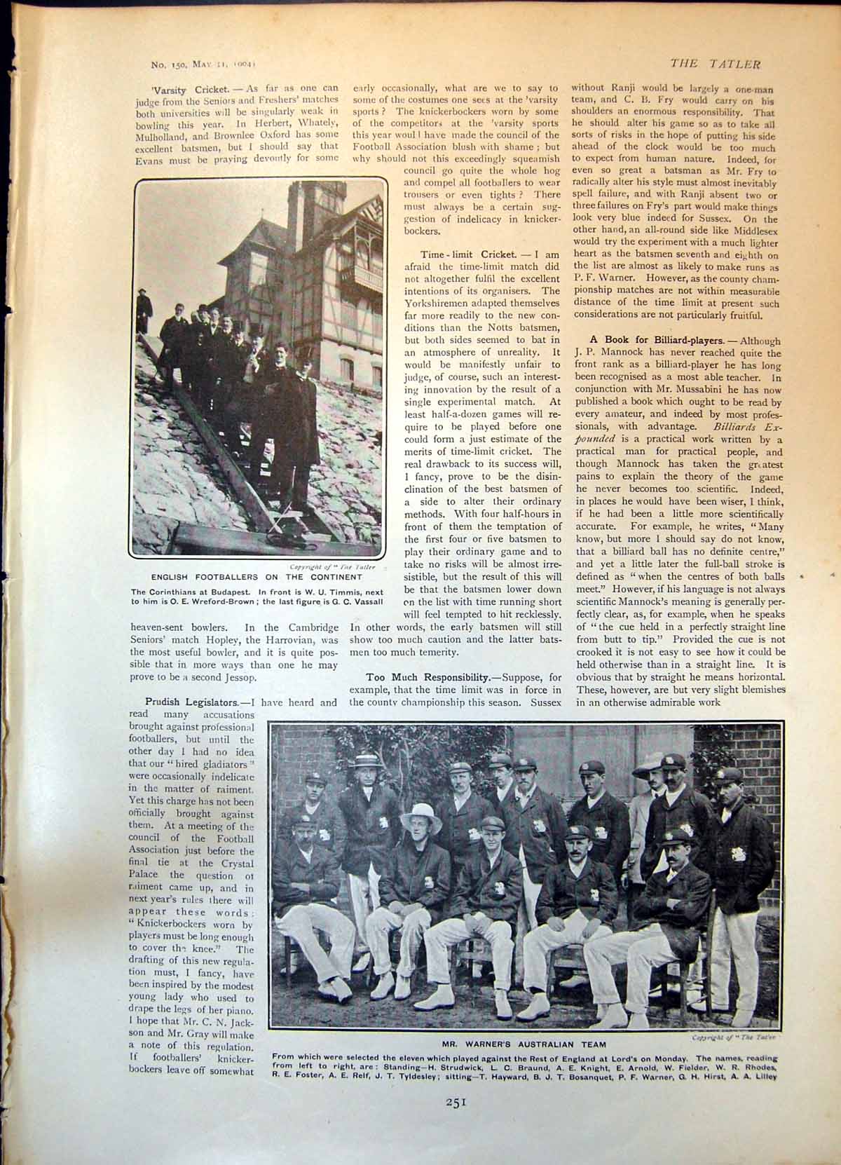 Antique Print Corinthians Budapest Warners Cricket Team Hamilton Watch 1904