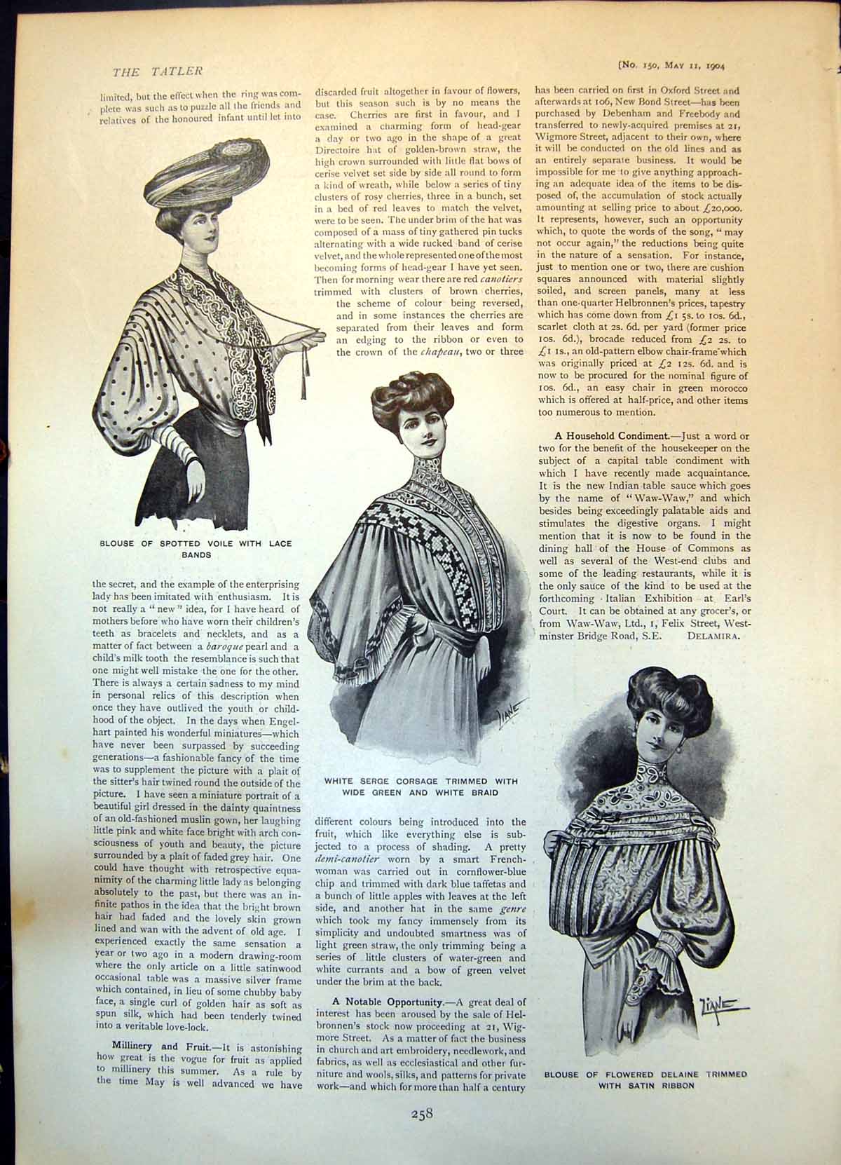 Old Antique Print Blouse Spotted Voile Serge Corset Summer Toilette 1904 20th