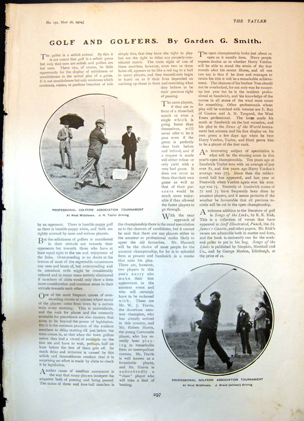 Antique Old Print Professional Golfers West Middlesex J Taylor J Braid 1904