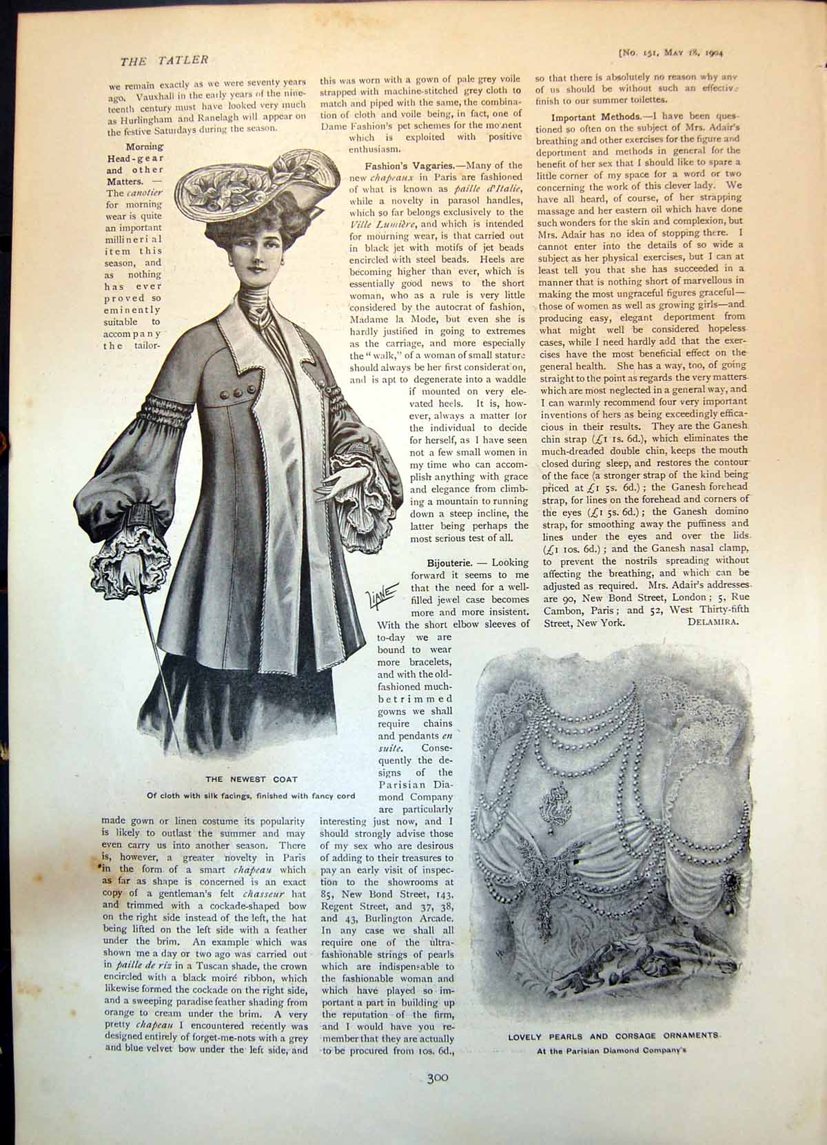 Antique Old Print Newest Coat Pearls Corsage Ornaments Walking Costume 1904