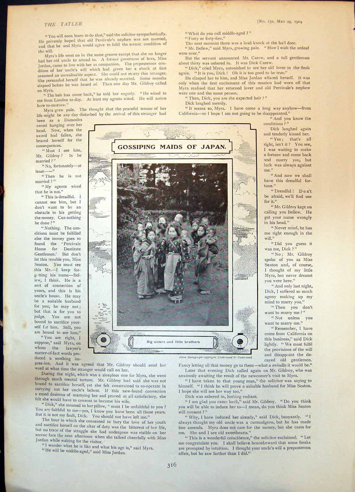 Old Antique Print Gossiping Maids Japan Big Sisters Little Brothers 1904 20th